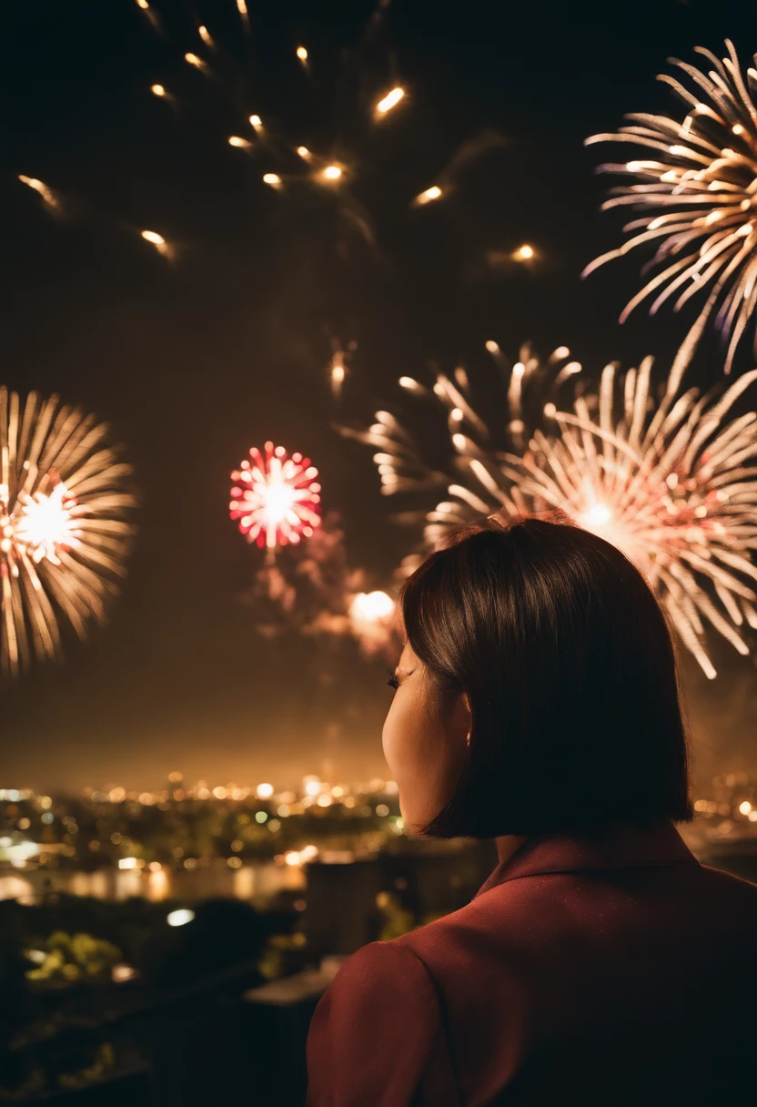 Arafe in the background of the fireworks display, Color photograph by Masao Maeda, Tumbler, visualart, [ Fireworks in the sky ]!!, sparklers, Fireworks in the background, Fireworks, fireworks in background, 4th of july, fireball lighting her face, 4th of july, f lare, Happy!!!, on rooftop tokyo night