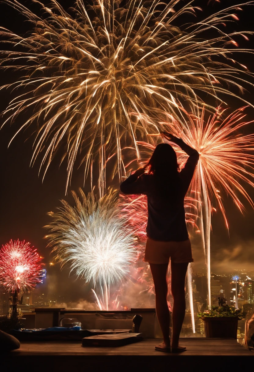Arafe in the background of the fireworks display, Color photograph by Masao Maeda, Tumbler, visualart, [ Fireworks in the sky ]!!, sparklers, Fireworks in the background, Fireworks, fireworks in background, 4th of july, fireball lighting her face, 4th of july, f lare, Happy!!!, on rooftop tokyo night