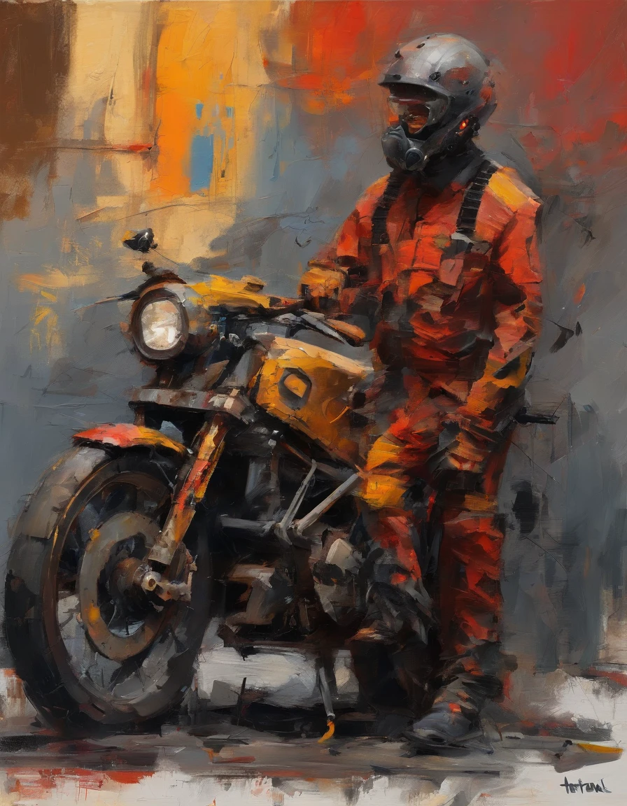 1 mechanic arguing, motobike ducati three quarter view not factory tuned classic out of a garage being repaired, Garage witch windows, symetric, crowded room, sketch, with some mud on the bodywork and the windshield, grey and light red and pastel red headlight on, paint style with large trendy, 4k, enlarged view, expressionist brush strokes paint on artstation, concept art, cyberpunk, --ar 2:3
