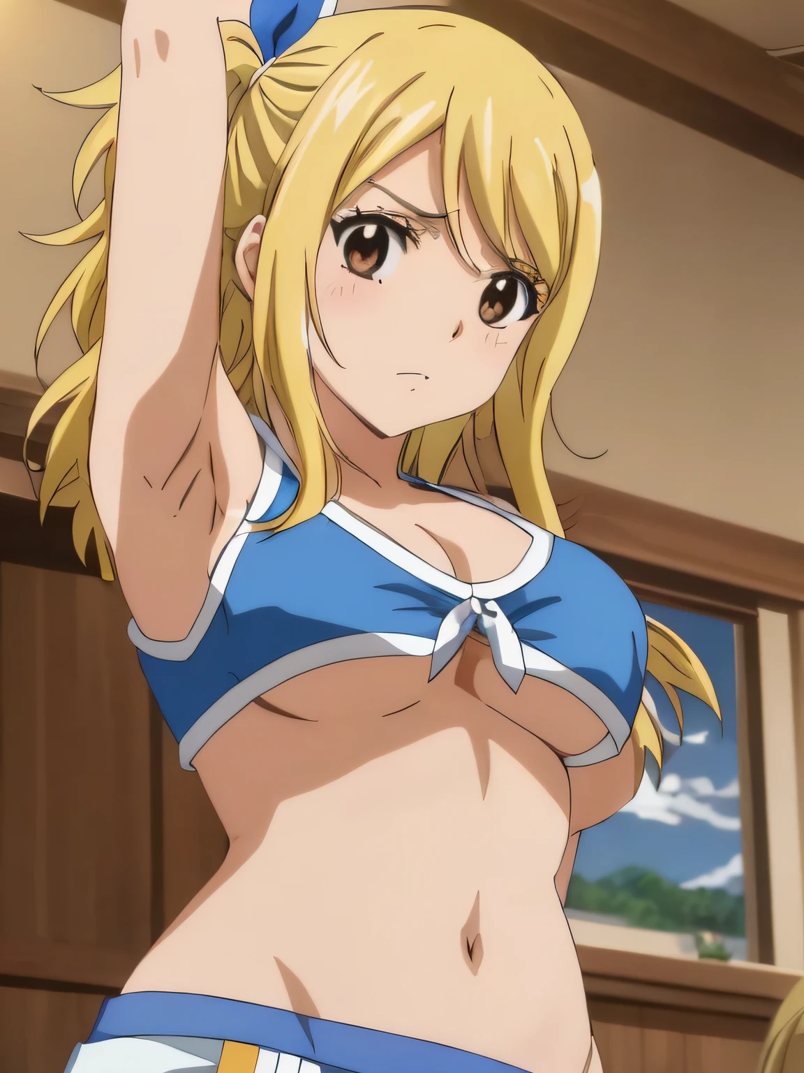 1girl, lucy heartfilia, solo, blonde hair, brown eyes, long hair, indoors, looking at viewer, anime coloring, parody, side ponytail, upper body, hair ribbon, barriga, belly, breasts, armpits