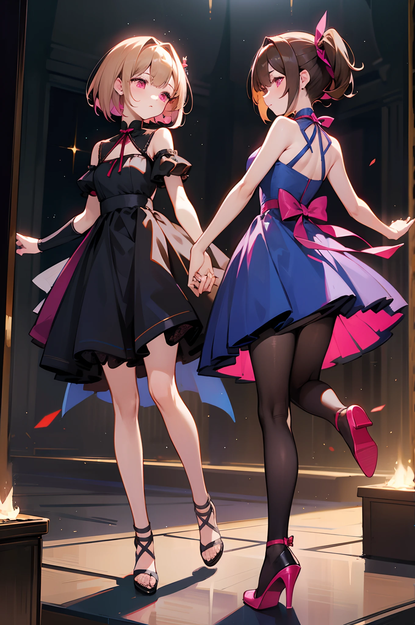 Two people、s girl、(Brown hair、Low ponytail、Pink eyes、a blue dress、Golden decoration、Black stockings、heeled sandals)、(silber hair、bob cuts、Pink eyes、blackdress、Red ribbons、Shoulders are sticking out、bare-legged、Futomo、high-heels)、full body seen、is standing、Lesbian couple、stare at each other、Dance hall