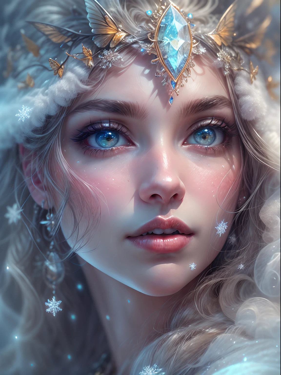 Generate beautiful, realistic fantasy artwork with bold gemstone tones, Nice glitter and shimmer, And a lot of snowflakes. Generate a glowing and petite curly-haired woman, Metallic hair, and realistic textured hair. Her skin is pure white,It seems to glow under the light. A woman's face matters: including ((soft, puffynipple, large lips, Elegant functionality, And the most beautiful details macro eyes)) in the world. Woman in winter landscape,There are gentle falling snowflakes and snowflakes, Soft white fur, Subtle iridescent details, Subtle phantom rainbow details, and delicate and exquisite jewelry,Shimmering under the lights. Includes many small fantasy details,Such as a hairspring, feater, Delicate and charming embroidery, and sparkling luminous lighting. The woman's face is not obscured by details,Her eyes are sharp,The resolution is high. Blend in dreamy colors, Dynamic lighting, and detailed background elements,Create a sense of awe and immersion. These include colorful flying magical birds and jewel-hued butterflies that exude magical halos. Consider the latest trends in fantasy art, such as incorporating unique lighting effects, Explore dynamic and compelling compositional techniques, And try a unique color palette. Take inspiration from top artists on ArtStation and Midjourney. camera: Choose an angle that highlights the beauty of the characters and enhances the magical majesty of the artwork. lighting: Create depth and atmosphere with atmospheric lighting technology. Resolution: Aim for high-resolution artwork,to showcase intricate detail and clarity. Artistic inspiration: Get inspiration from popular artists on ArtStation, Explore different styles, genre, and the theme. White skin, Pale skin, The skin is really pale, The skin is really white, Beautiful eyes, Fantastical details, a slight light, glimmer, magic bird, Magical butterflies, opulent, (((Masterpiece))), Add_detail:1, earth \(planetes\),