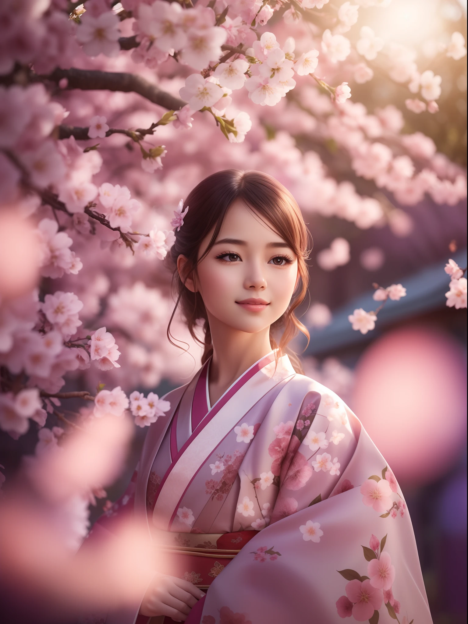 A girl enjoying in garden, eyes detailed, beautiful looks, Cherry blossom, wearing kimono, best quality, 16K UHD resolution, extremely detailed, shot by Sony alpha a7, background blurred, photorealism, realistic details, soft lights, sun shine, blurred background