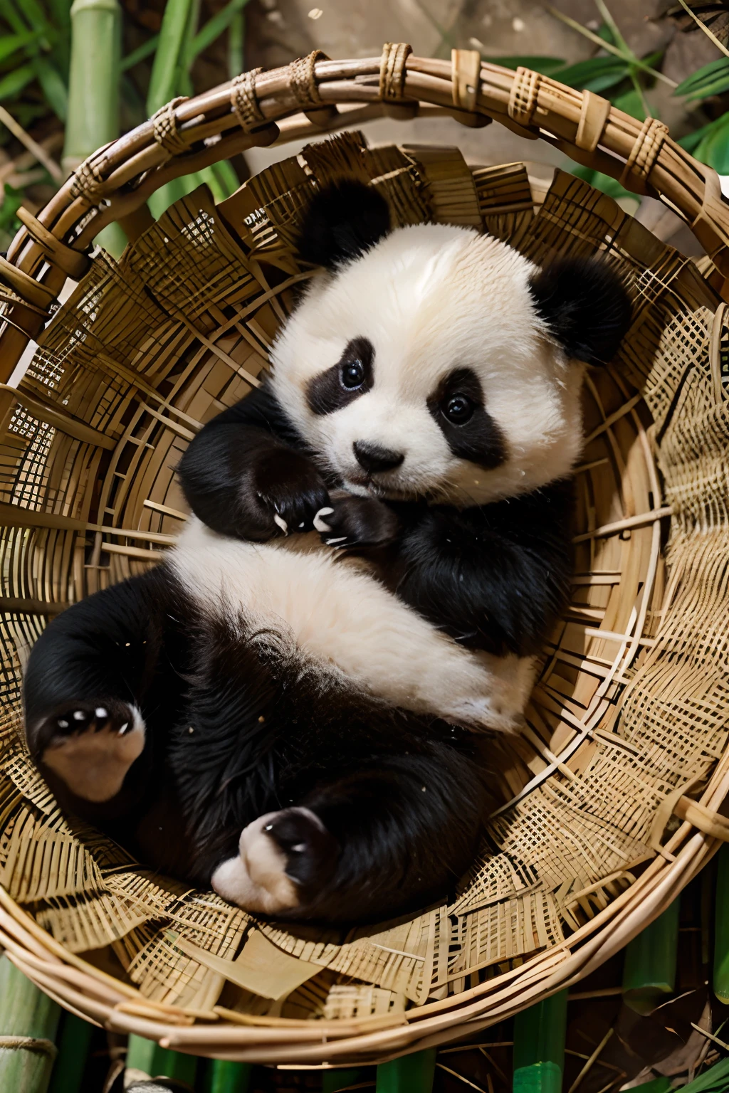 real small panda lying in a bamboo basket
