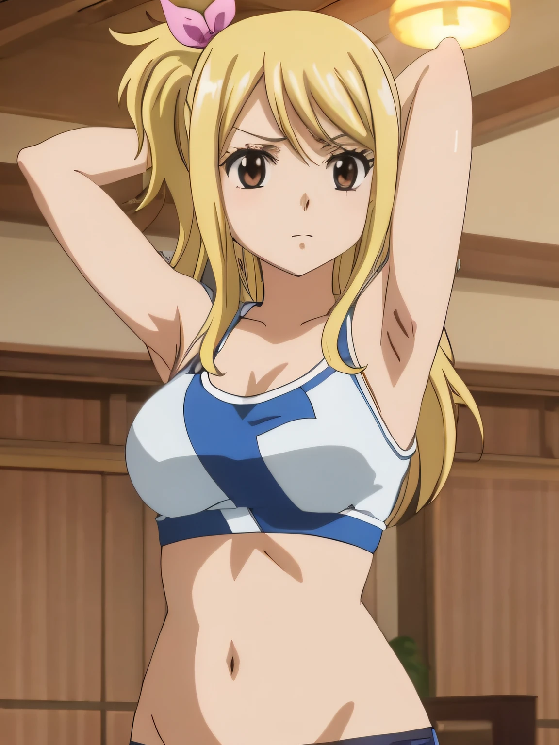 1girl, lucy heartfilia, solo, blonde hair, brown eyes, long hair, indoors, looking at viewer, anime coloring, parody, side ponytail, upper body, hair ribbon, barriga, belly, breasts, armpits