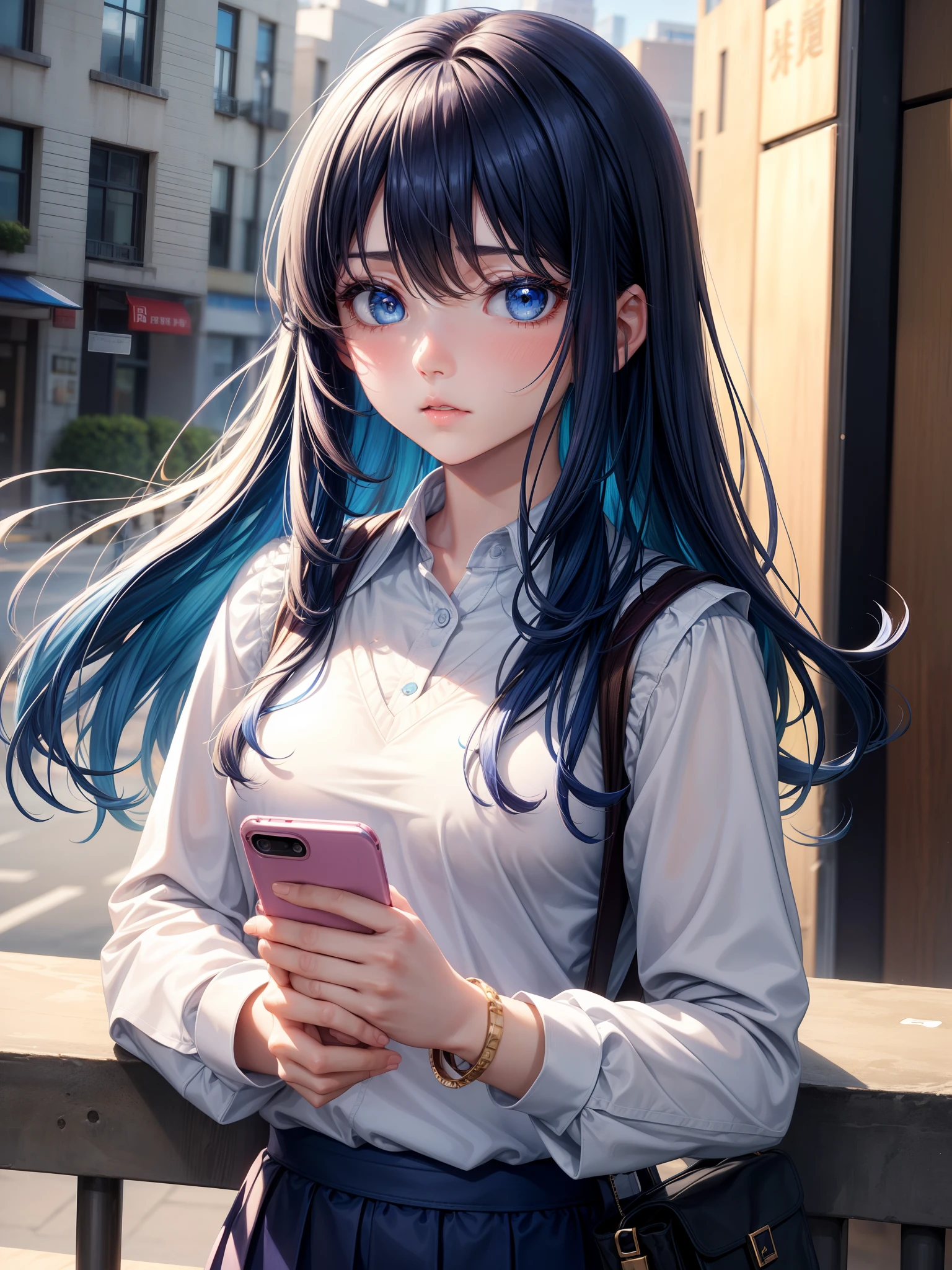 1girl, A bracelet, Bangs, blue eyes, Blue hair, blusher, cellphone, Hair between the eyes, holding, Holding the phone in your hands, Long hair, long sleeves, looking a viewer, parted lips, phone, school uniform, Shirt, 独奏, sweater vest, upper-body, white shirt