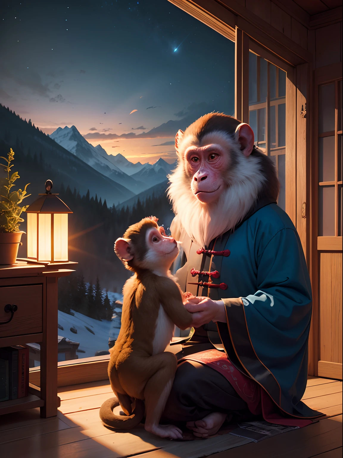 a cute and ignorant 7-year-old Taoist monkey. Humanoid animal, Nenhum ser humano Presente.