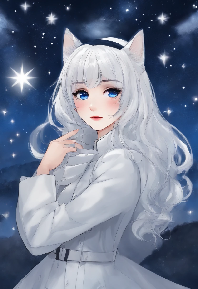 A girl standing under the stars,Slightly higher,Surrounded by stars,(Long blue and white shiny hair),(Mystery book),A trench coat in white as the main color,Eyes like stars