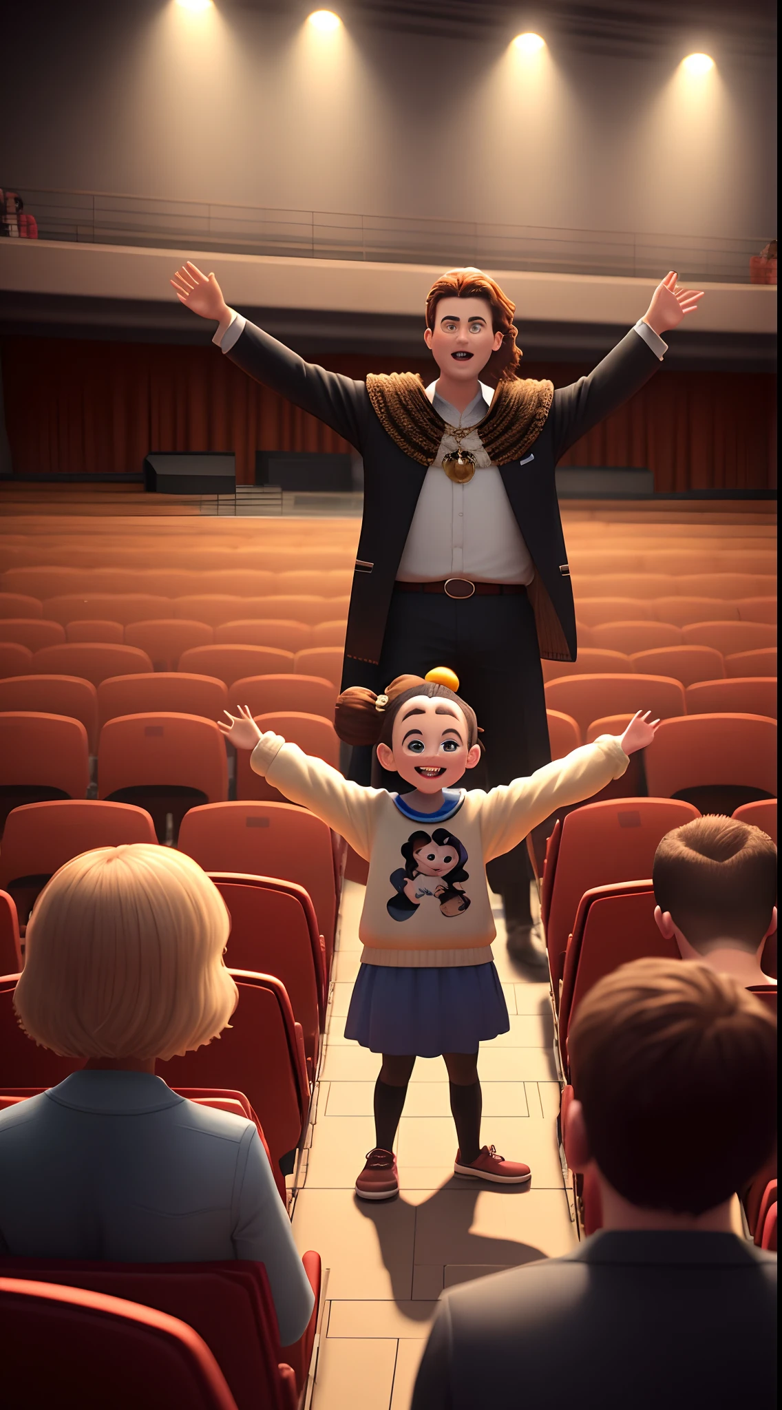 Pixar-inspired 3D poster/Disney capturing a scene in an auditorium, de um Bisco, forte, do cabelo preto, with a Mithra on his head, sua veste branca, Holding a crosier, with many young people and adults standing next to him, bem alegres ao seu redor, Arms outstretched as if they were going to fly, Everyone looking in front of the camera.