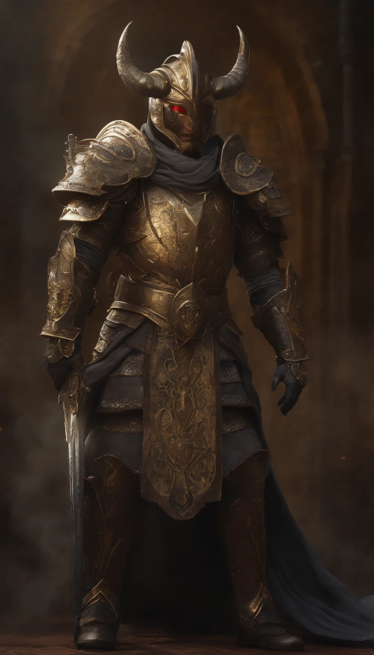 warrior, concept-art, author:Kishiganku, Fantasy art, battleground background, clean render, a horned, Wear a suit of armor, Detailed bushido form smoke, helmet of a forgotten deity, character is standing, 8k Realistic, in game render, detailed face background detail, Art station front page, taur, Pseudo-medieval fantasy, A deity wearing koi armor, detailed bronze armor, Bronze armor, golden etched armor, gold obsidian armor, Light gold armor, Gorgeous filigree armor, A demonic warrior, Gorgeous armor full of thorns, Intricate assasin armor, Intricate metal armor, powerful warrior, Dressed in gorgeous gold armor,Decorated with intricate patterns, The helmet has a large crown and two horns,Glowing red eyes, Everything is in the dark, The smoky background hints at battle scenes, Add an ominous aura to his character,submission, Full body shot.fully body photo