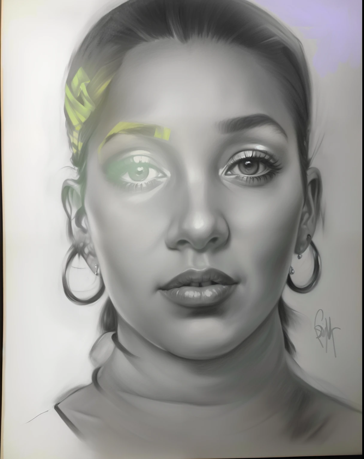 desenho de uma mulher com um brinco grande e um colar, Retrato de uma pessoa bonita, retrato detalhado, retrato de rosto completo, potrait de um rosto feminino, inspirado em Zelma Blakely, ((retrato)), Retrato do rosto de uma mulher, retrato do rosto de uma mulher, retrato tradicional, charcoal portrait, retrato!!!!!!