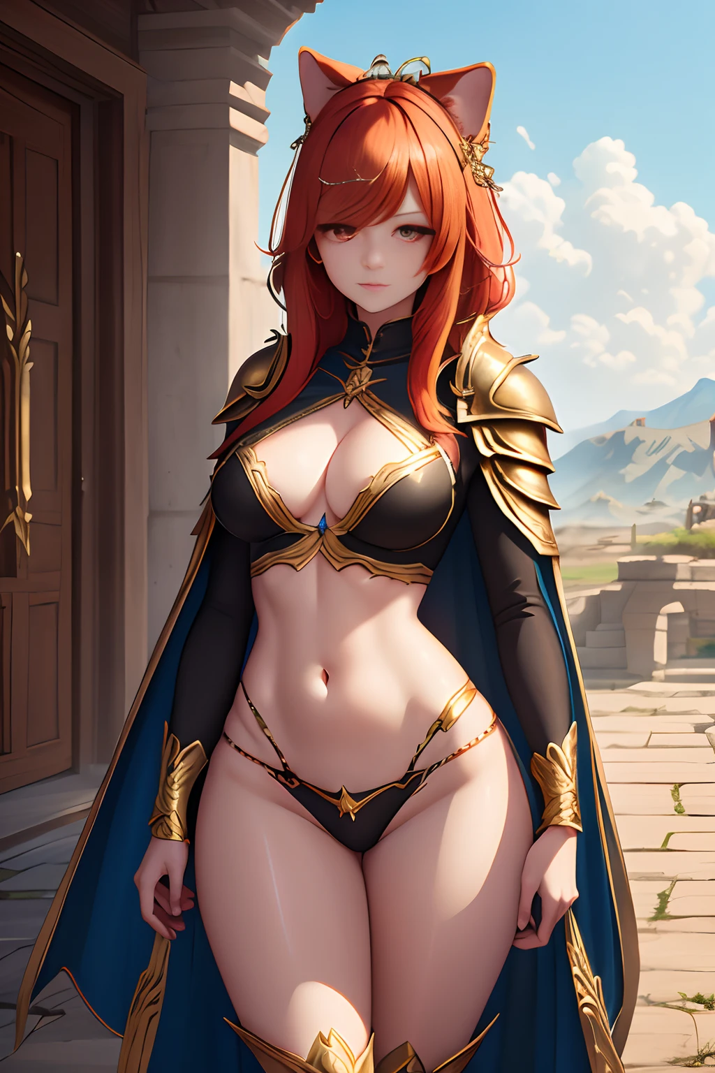 Sexy Girls, with Armor green, red, blue, and gold trim, orange hair, with a Black, white, and gold cape, with hemp Leafs, and Big golden sword with a red ruby and diamonds (score_9:1.0), hyperrealistic, feral, three-quarter view, (feral), fur, raised tail, sexy, perfect beauty, soft body, De-Noise, super detailed, gorgeous, Goddess look, seductive, 8k, ((symmetrical)), female, detailed background, small tits,