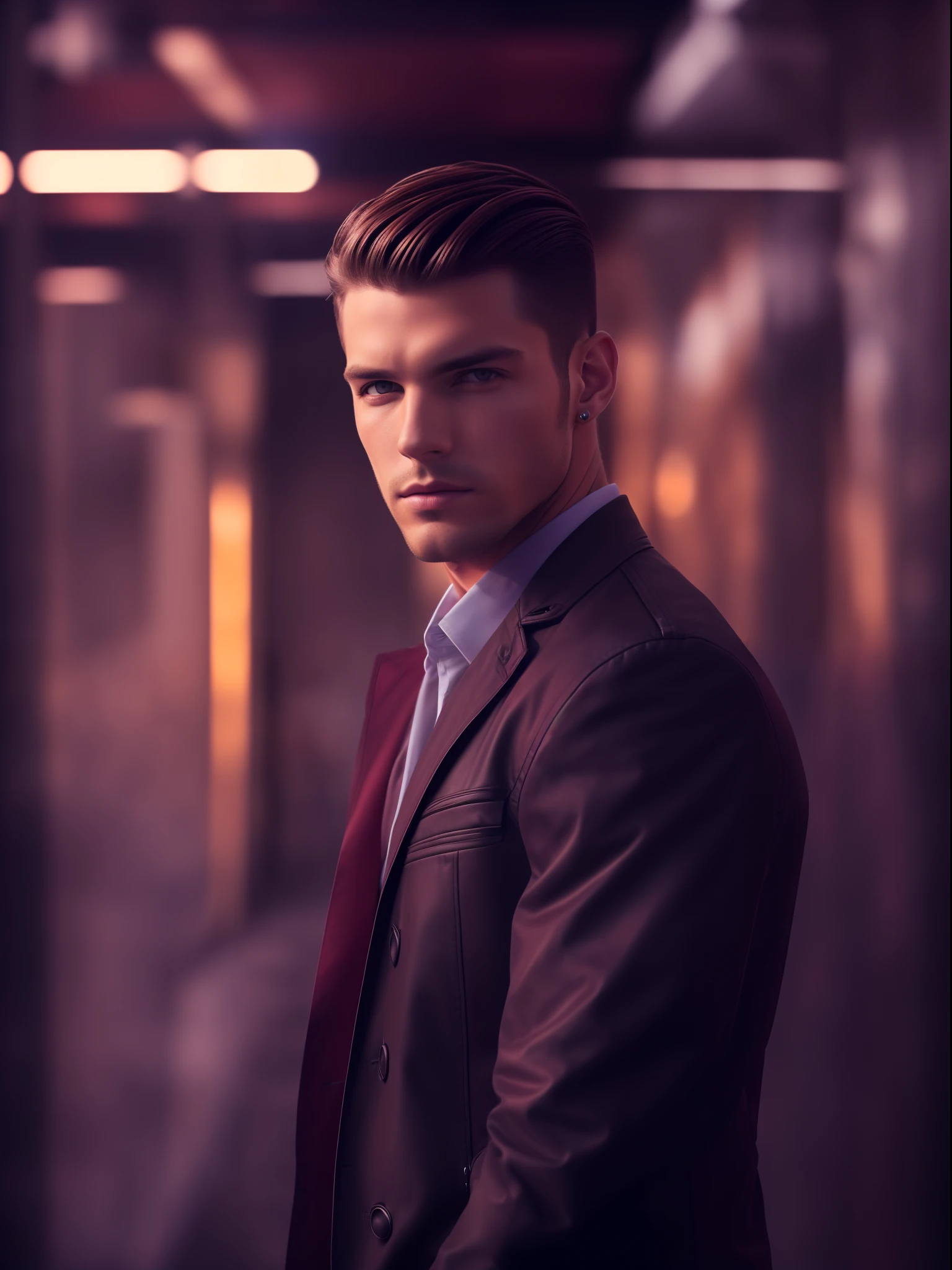 (a male model:1.1,photography:1.2),rich colors,sharp focus,highres,studio lighting,professional,portrait,stylish attire,intense gaze,confident pose,handsome features,urban backdrop,lens flare,striking composition