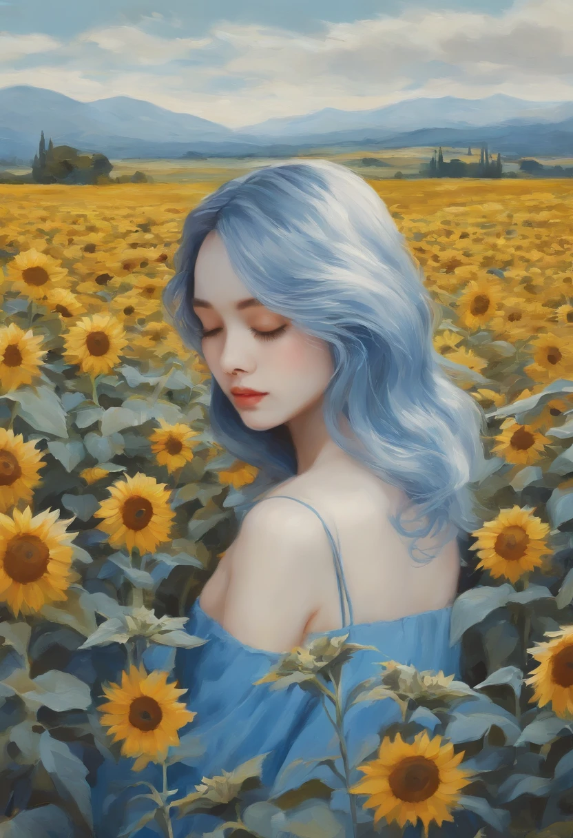 Composition of fictional characters, Dressed in young blue flowers, Surrounded by sunflowers, The protagonist, Open your eyes, His hair blew in the wind, And the sun heals, Monochrome close-up, Cute, Dreamy, Oil painting style, acrylic paints,, Japanese, Interesting concept, Funny Pictures - AR 3:4 seconds 20 - Rainbow 5