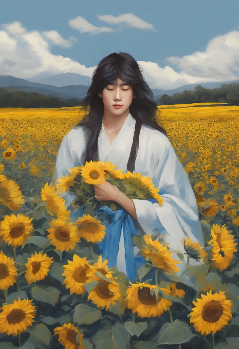 Composition of fictional characters, Dressed in young blue flowers, Surrounded by sunflowers, The protagonist, Open your eyes, His hair blew in the wind, And the sun heals, Monochrome close-up, Cute, Dreamy, Oil painting style, acrylic paints,, Japanese, Interesting concept, Funny Pictures - AR 3:4 seconds 20 - Rainbow 5