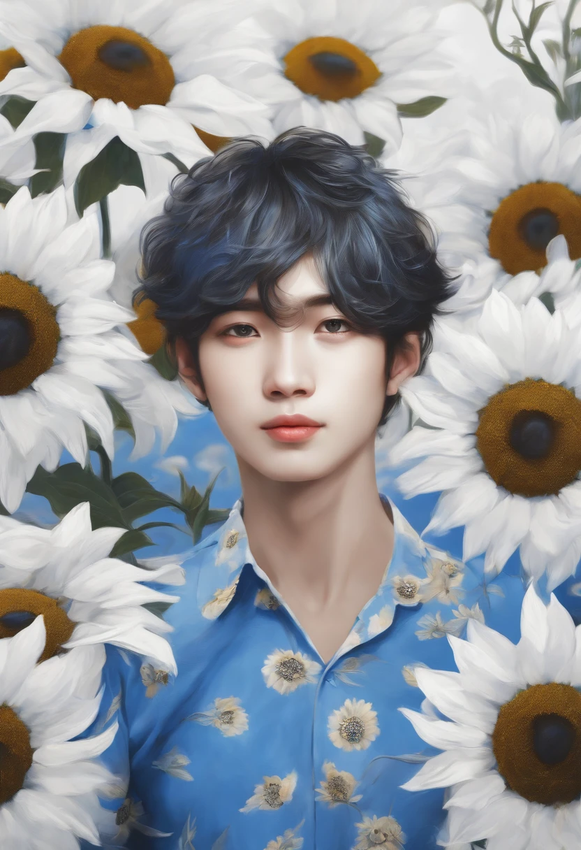 Composition of fictional characters, Dressed in young blue flowers, Surrounded by sunflowers, The protagonist, Open your eyes, His hair blew in the wind, And the sun heals, Monochrome close-up, Cute, Dreamy, Oil painting style, acrylic paints,, Japanese, Interesting concept, Funny Pictures - AR 3:4 seconds 20 - Rainbow 5