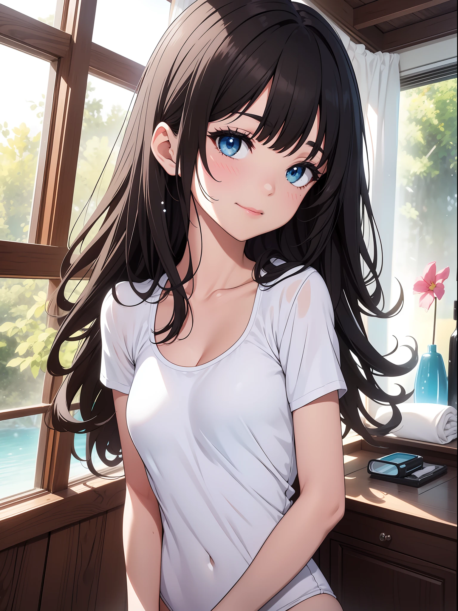 Official art、Top quality ultra-detailed CG art、White swimwear：１.２）、Black hair、lively girl、white t-shirts、Transcendent Cute、kirakira、ssmile、frombelow、a room、