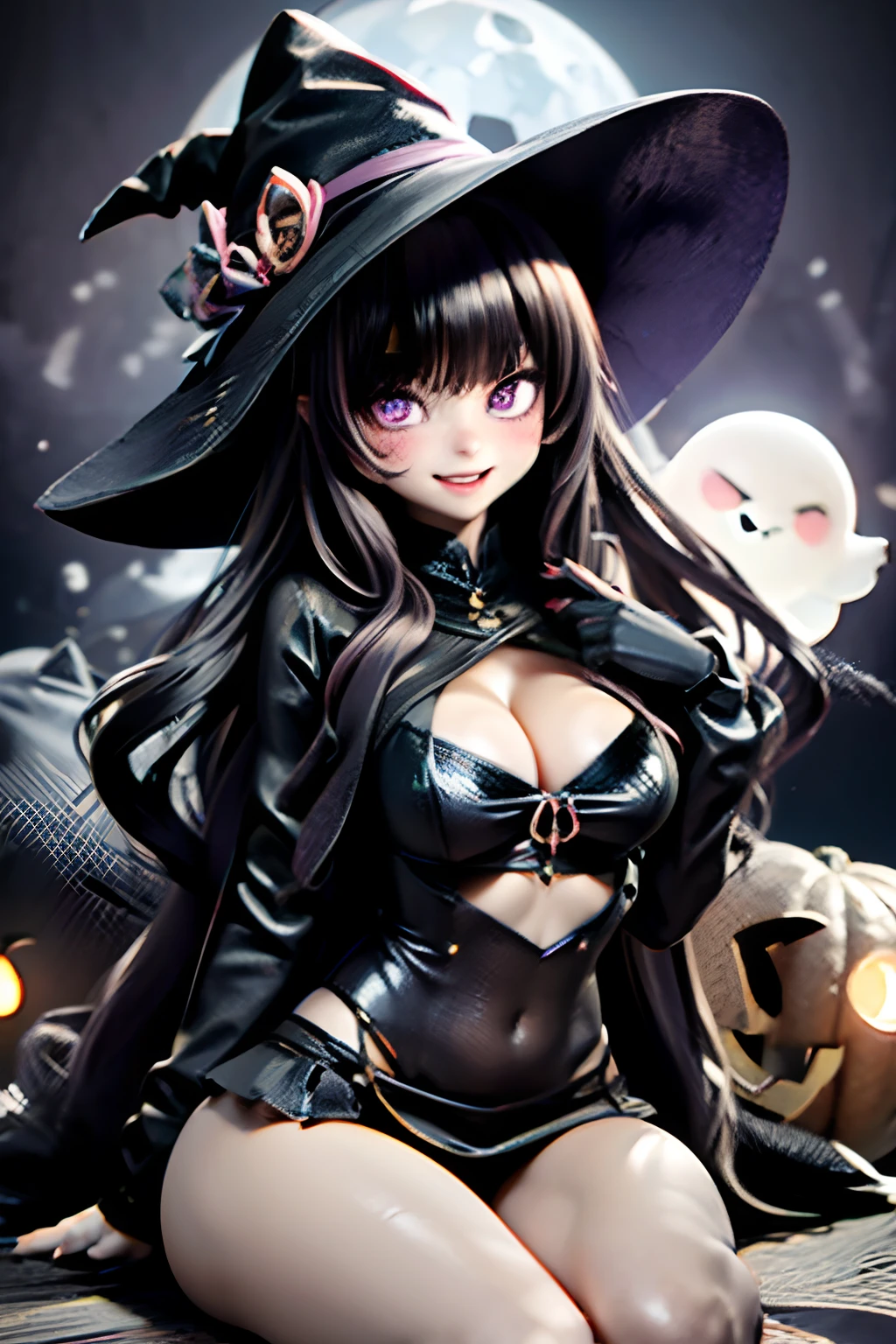 Curvaceous,1 very young girl,1 Sitting on a Spooky Pumpkin,full-body view,Witch Bikini Costume,Tall witch hat,Thigh_highes,Micro Mini Skirt,Large_lower back,Spooky,ghosts, Halloween,Blushing,Ahegao_Face, Smile with open mouth、Colossal tits、cleavage of the breast、A dark-haired,Purple eyes, big eye、kawaii eyes、Heart-shaped_Pupils,long_hair,Small waist,detaileds,
