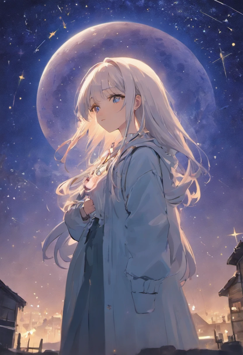 A girl standing under the stars,Slightly higher,Surrounded by stars,(Long blue and white shiny hair),(Mystery book),A trench coat in white as the main color,Eyes like stars