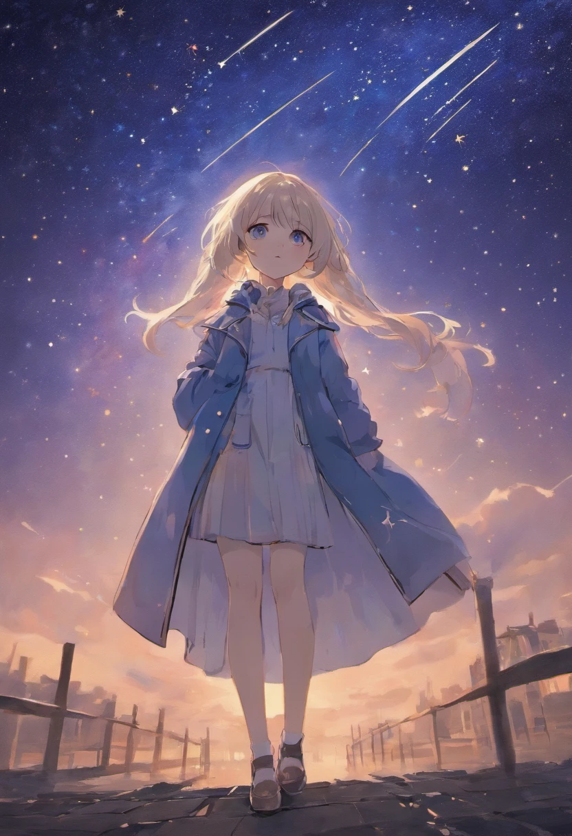 A girl standing under the stars,Slightly higher,Surrounded by stars,(Long blue and white shiny hair),(Mystery book),A trench coat in white as the main color,Eyes like stars