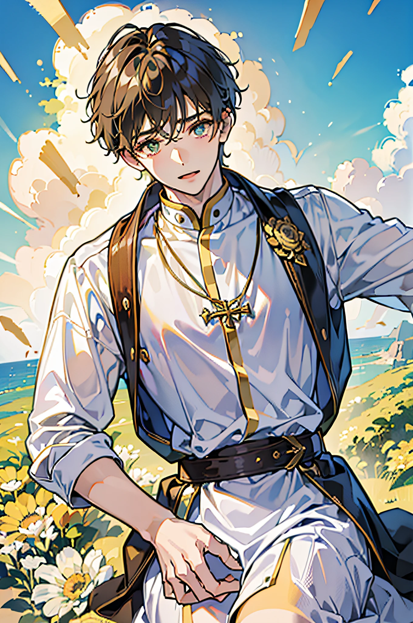 (in 8K、top-quality、masterpiece:1.2)、1 boy、short-haired、Hair short、Brown-skinned、Yellow view、
