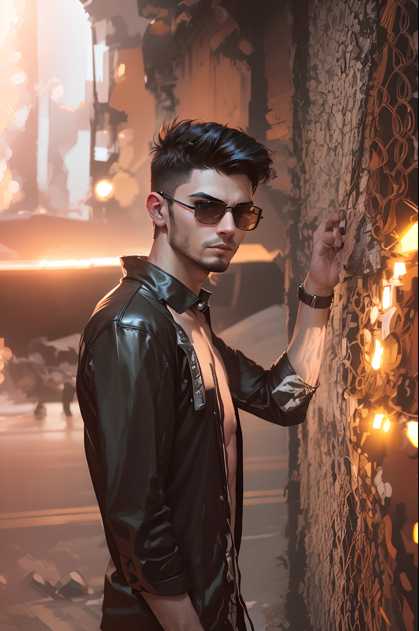 Realistic face, cyberpunk, good looking, handsome boy, sunset view in this person background, 8k regulations