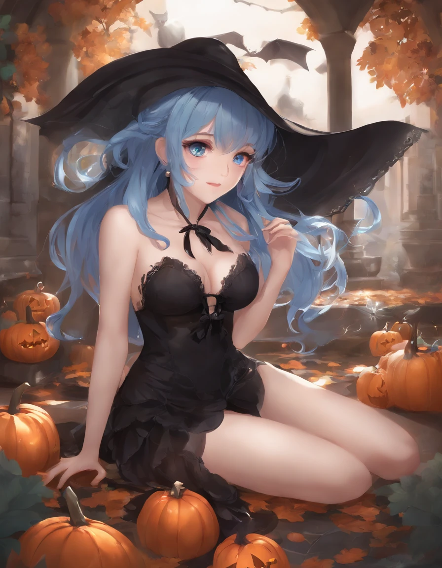 Noctyluca、Blue-haired、Twin-tailed、shairband、Woman in black dress like swimsuit, splash art anime loli, Ahegao, halloween art style, very detailed Artgerm, Trending in ArtStation pixiv, nightcore, pixiv, rem rezero, anime moe art style, flirty anime witch casting magic, Seductive Anime Girl, in a halloween style, Top Rated on pixiv