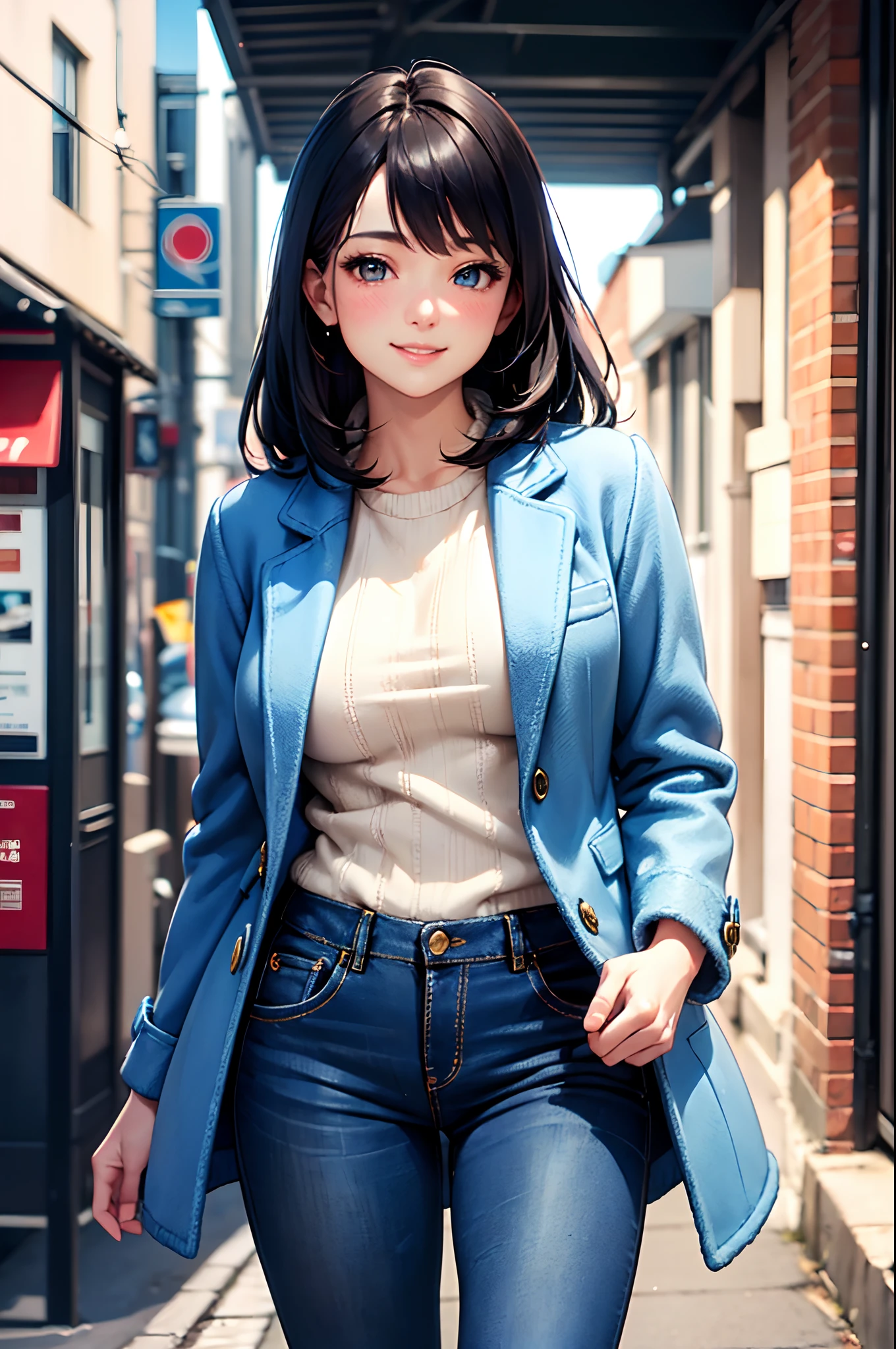 (High quality,High resolution,Fine details),Realistic,((long fluffy blue coat)),Street corner,(fluffy white sweater inside),solo,Adult Woman,(Black hair),sparkling eyes,smile,blush,Oily skin,(blue denim pants),Shallow depth of field