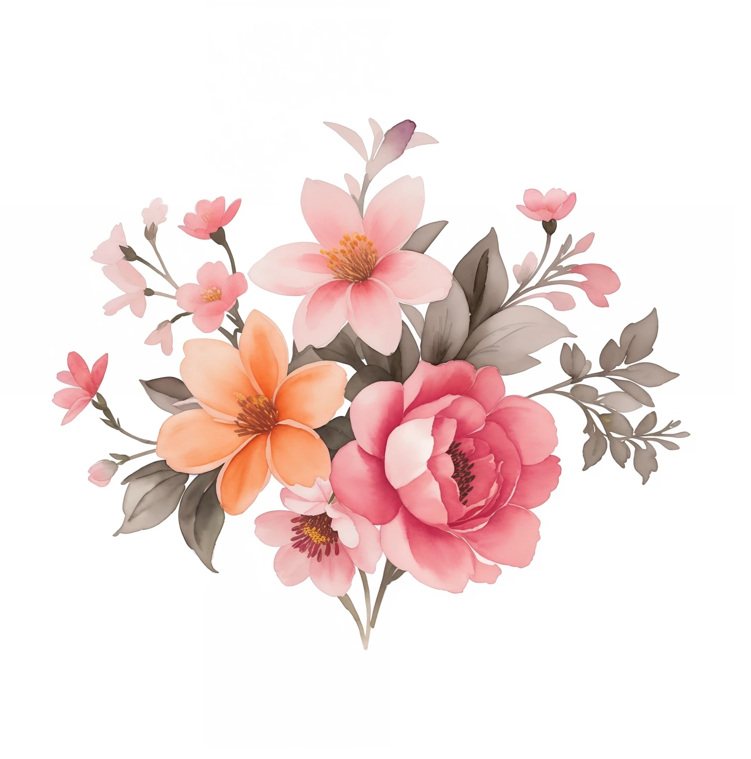 there is a watercolor painting of a bouquet of flowers, flower, elegant flowers, flowers and blossoms, bouquet, blooming flowers, flowery, detailed flowers, floral, floral design, flower blossoms, flowers, with colored flowers, queen, pink orange flowers, floral renewal, floral dream, pink flowers, bloom, blooming, cute woman, ornate flowers, pretty flowers