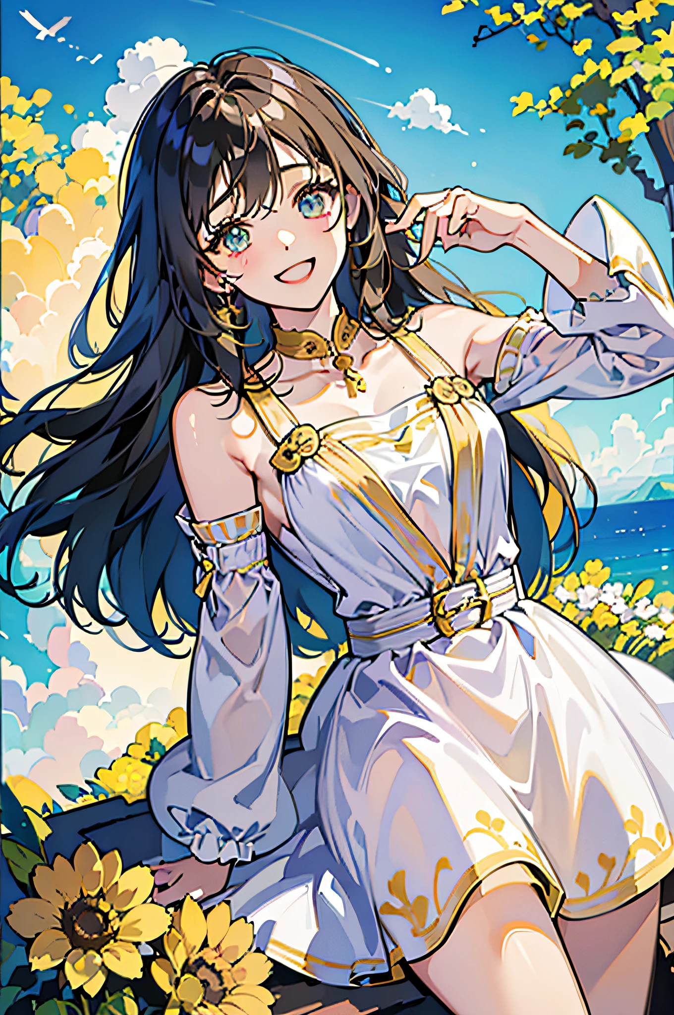 (in 8K、top-quality、masterpiece:1.2)、1人の女性、(Smiling smile:1.1)、beautidful eyes、Valley、The upper part of the body、shorth hair、Like a boy、Colossal tits、Yellow view、
