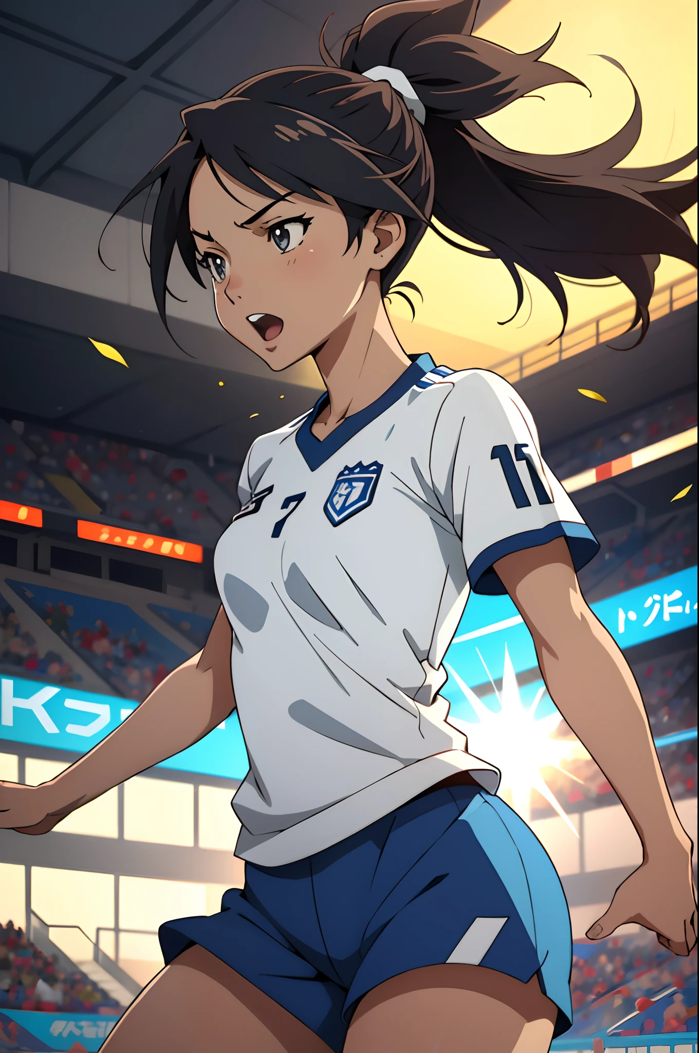 girl playing soccer, anime style, celebrating goal by lifting the shirt, (best quality, highres), vibrant colors, dynamic lighting