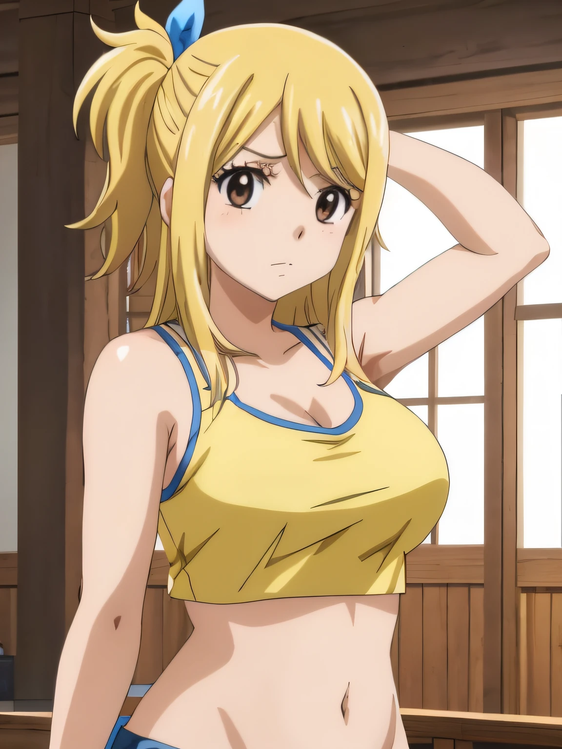 1girl, lucy heartfilia, solo, blonde hair, brown eyes, long hair, indoors, looking at viewer, anime coloring, parody, side ponytail, upper body, hair ribbon, barriga, belly, breasts, armpits