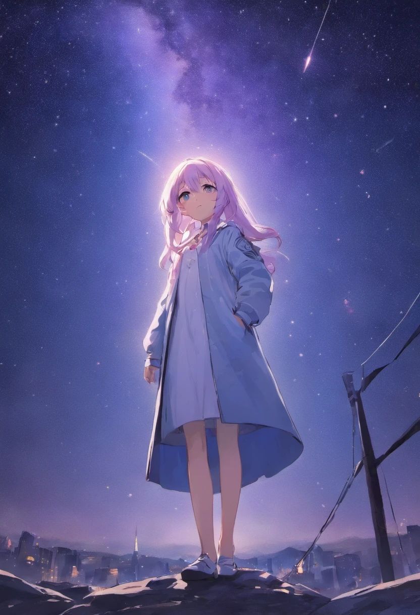 A girl standing under the stars，Slightly higher，Surrounded by stars，（（（Long blue and white shiny hair））），（（（Mystery book））），A trench coat in white as the main color，Eyes like stars