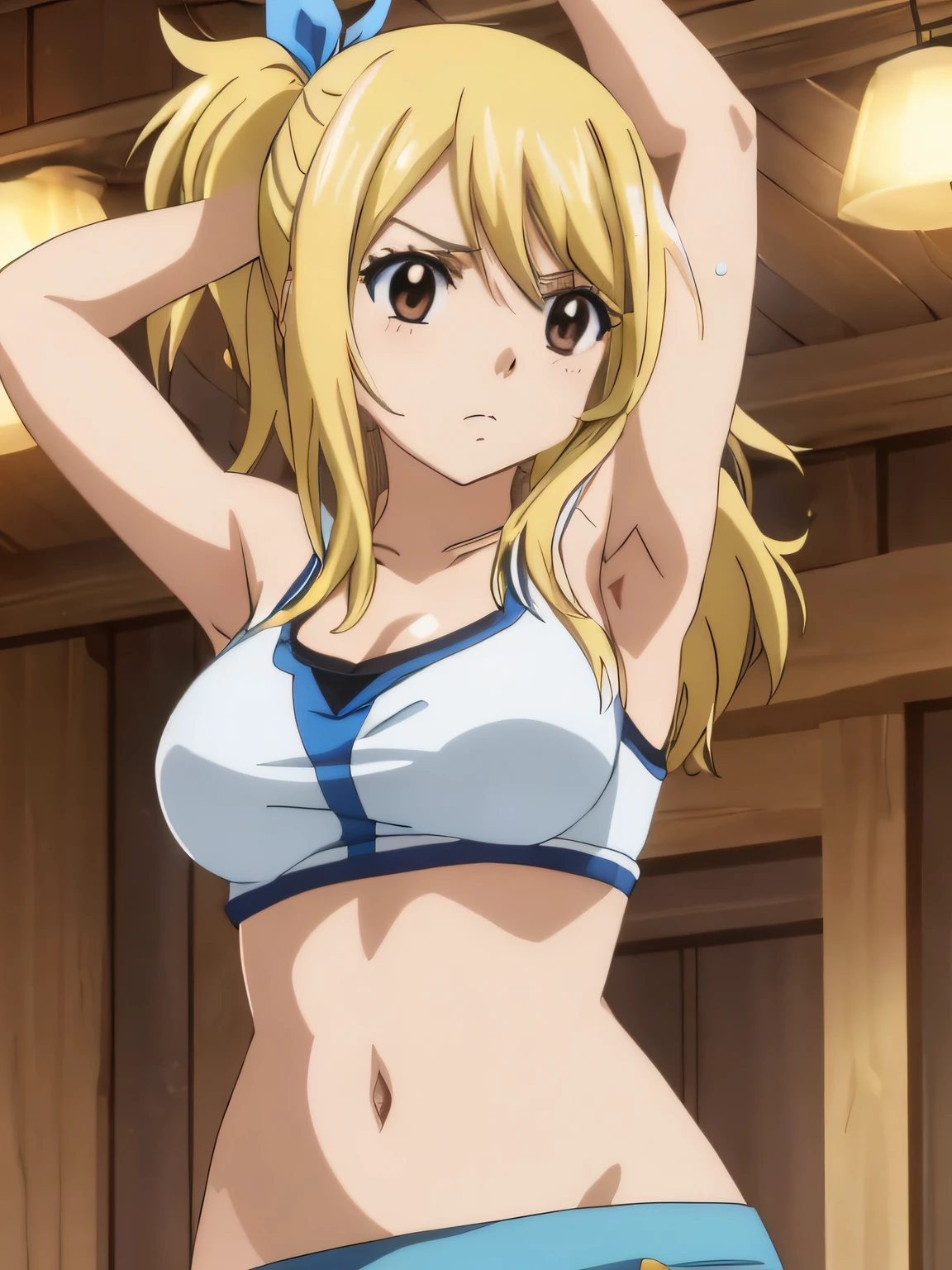 1girl, lucy heartfilia, solo, blonde hair, brown eyes, long hair, indoors, looking at viewer, anime coloring, parody, side ponytail, upper body, hair ribbon, barriga, belly, breasts, armpits