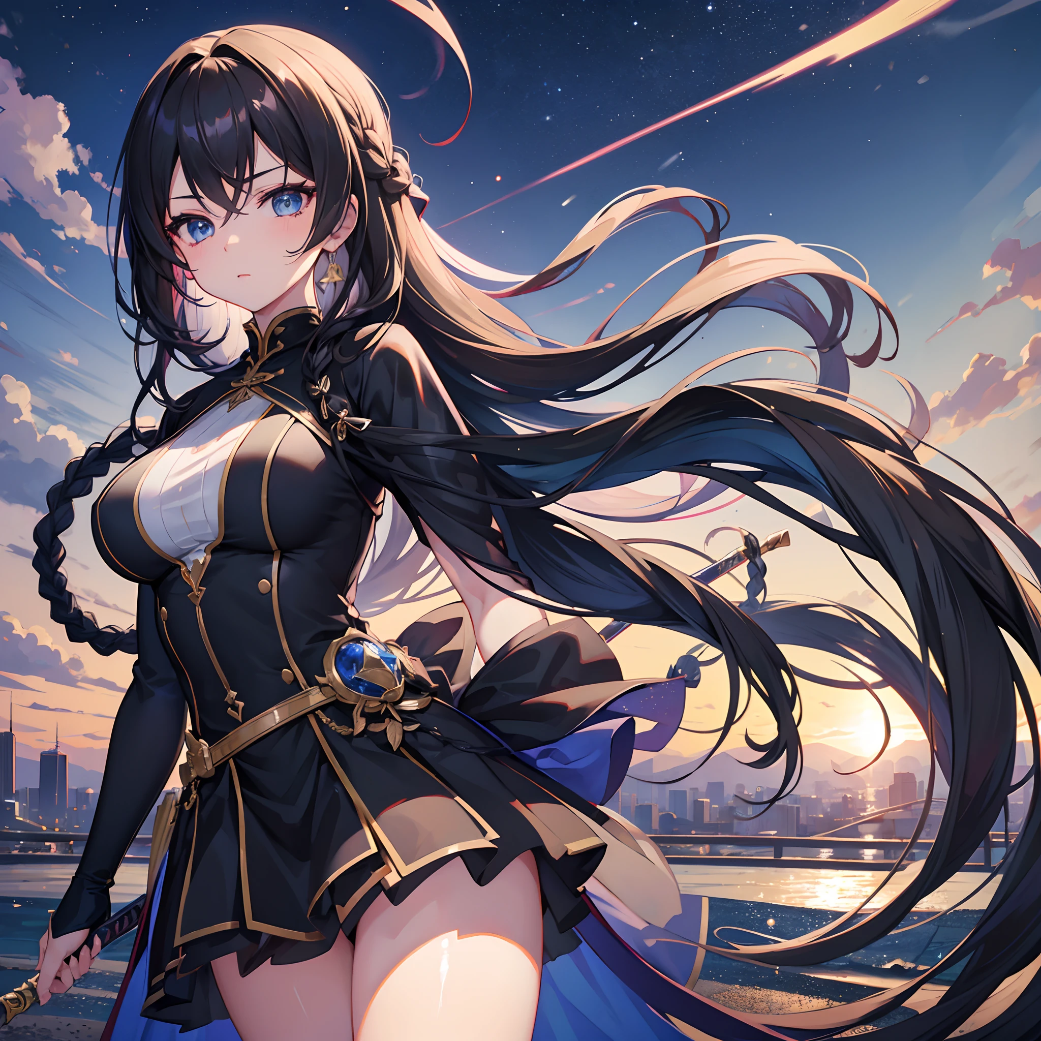 1girl, hight resolution, 4k, 8K, Ultra HD, Masterpiece, 独奏, the anime, Detailed Face, Perfect eyes,A detailed eye, Anime Meimei, the anime (Magic Battle), the perfect body, Large hair braid covers the face, Hair in a large braid at the back, Full-size body, Black Dress, Jewelry, city backdrop, Background City, ultra detail, sword in arm