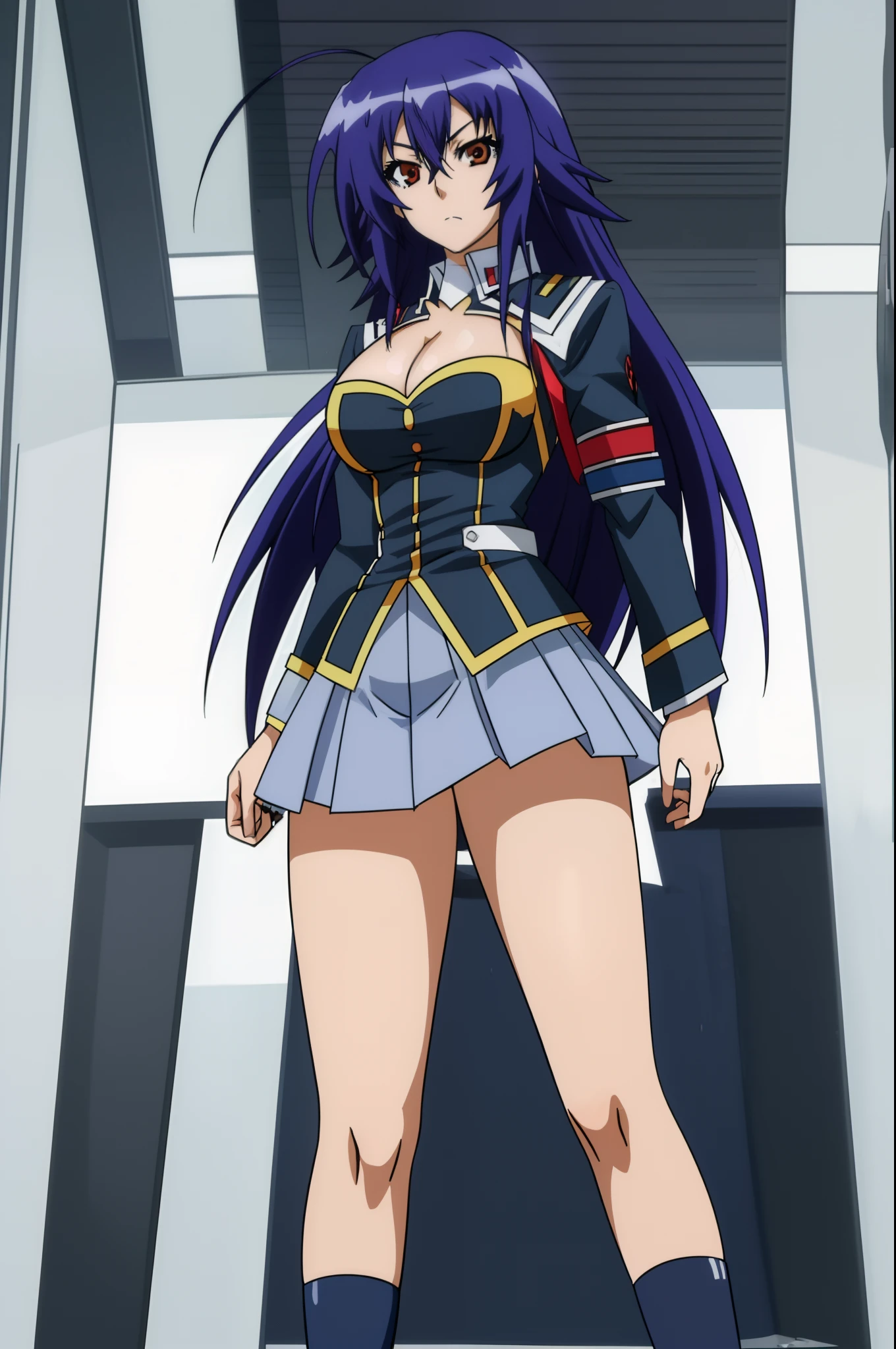 kurokami medaka, red eyes, blue hair, long hair, ahoge, large breasts, school uniform, (cleavage large cutout:1.3), clothing cutout, pleated skirt