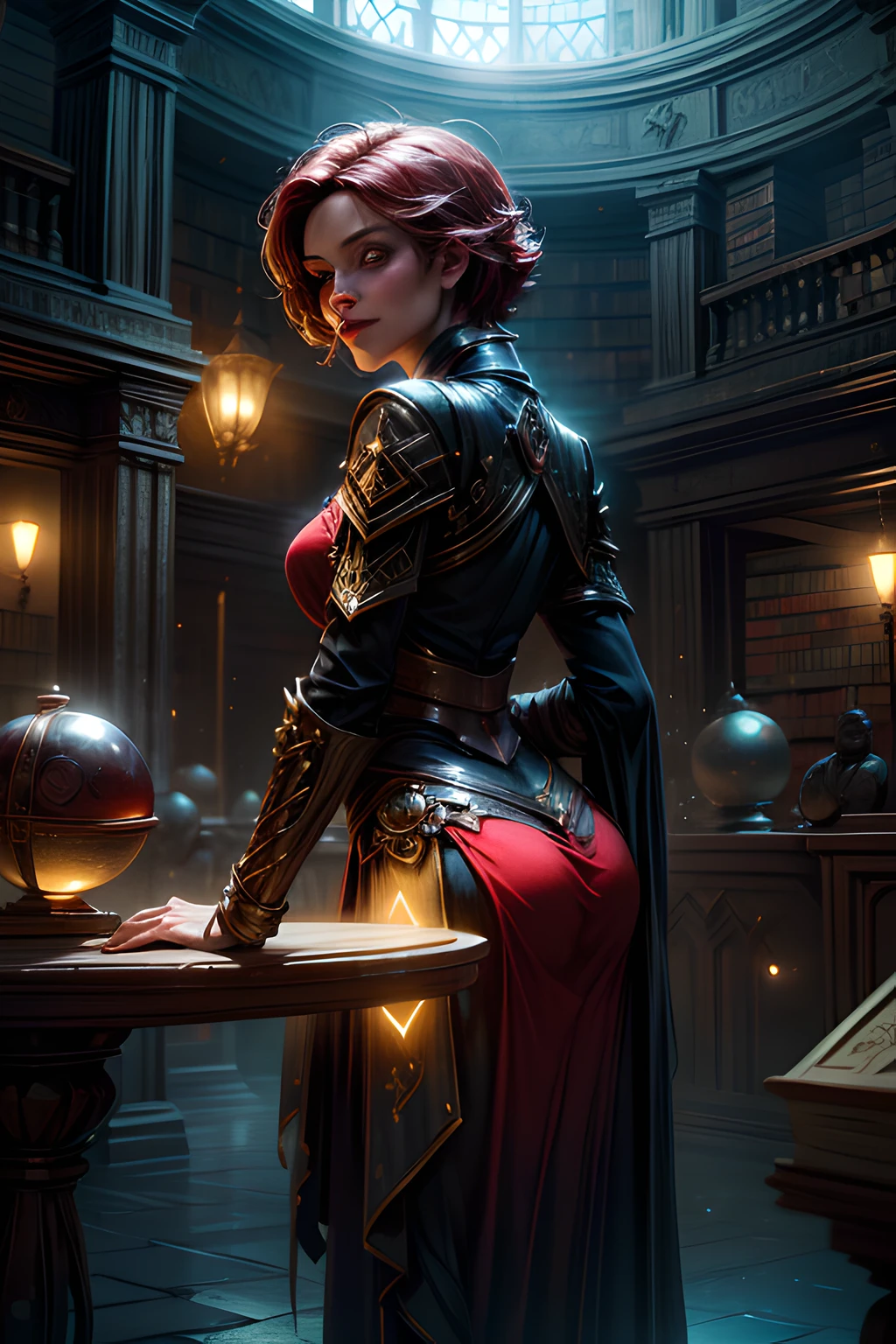arafed, high details, best quality, 16k, [best detailed], masterpiece, best quality, (extremely detailed), a view from the rear (best details, Masterpiece, best quality), photorealistic, fantasy art, RPG art, a picture of a human sorceress sittings in her magical lab, divining distant places in her crystal ball, epic beautiful human woman (best details, Masterpiece, best quality), ultra detailed face (best details, Masterpiece, best quality), red hair, short hair, red eyes, dynamic dress (best details, Masterpiece, best quality), magical library, with many books, and magical runes and wards, glowing arcane sigils GlowingRunes_paleblue, crystal ball (best details, Masterpiece, best quality) on table, runes on crystal balls GlowingRunes_yellow, fantasy magical library background (best details, Masterpiece, best quality), Ultra-Wide Angle, high detail, award winning, best quality, HD, 16K, 3D rendering, high details, best quality, highres, ultra wide angle, 3D rendering, [[anatomically correct]]