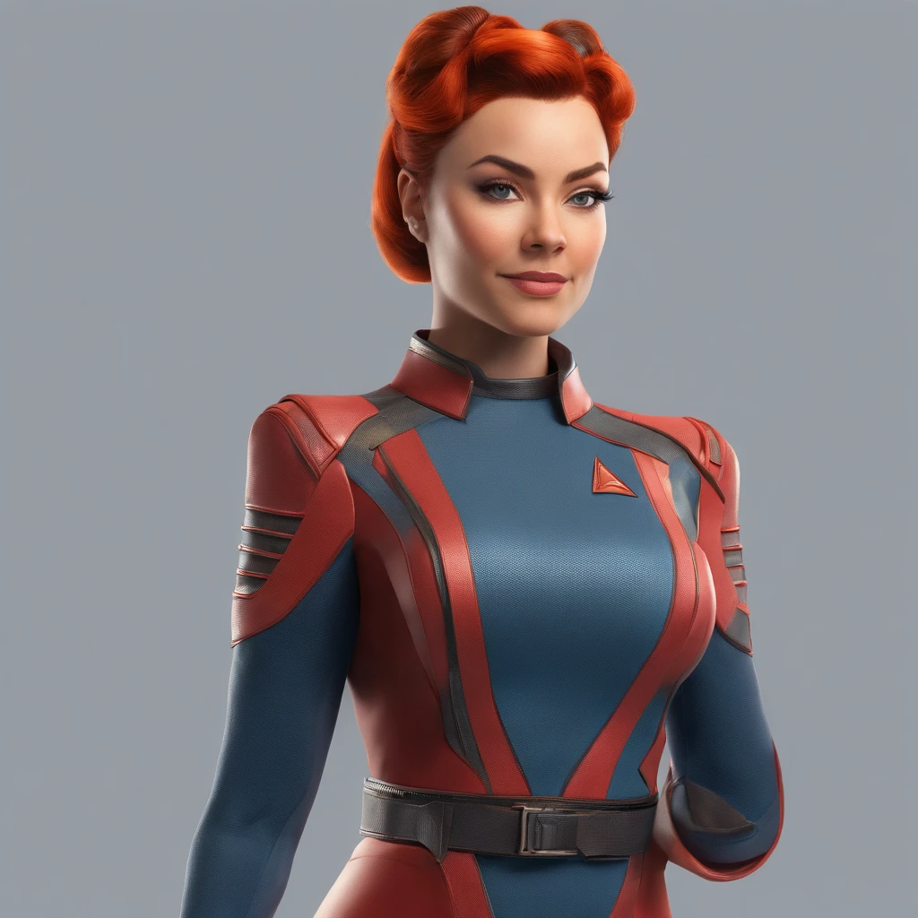 Animated portrait of a female character with striking red hair styled into a tall, elegant bun. She has fair skin, arched eyebrows, green eyes, and red lips that express a confident and playful demeanor. She's dressed in a short blue, form-fitting miniskirt sci-fi uniform dress reminiscent of the 'Star Trek' series. She is wearing black tights. The dress features a high collar, flared sleeves at the wrists, and a triangular badge on the left side of her chest. She poses with one hand raised in a gesture similar to the Vulcan salute. The image has a vintage sci-fi theme, blending classic and modern aesthetics.