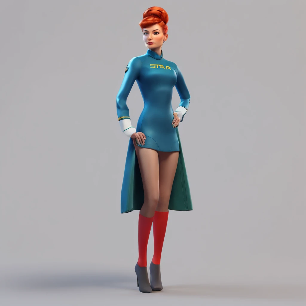 Animated portrait of a female character with striking red hair styled into a tall, elegant bun. She has fair skin, arched eyebrows, green eyes, and red lips that express a confident and playful demeanor. She's dressed in a short blue, form-fitting miniskirt sci-fi uniform dress reminiscent of the 'Star Trek' series. She is wearing black tights. The dress features a high collar, flared sleeves at the wrists, and a triangular badge on the left side of her chest. She poses with one hand raised in a gesture similar to the Vulcan salute. The image has a vintage sci-fi theme, blending classic and modern aesthetics.