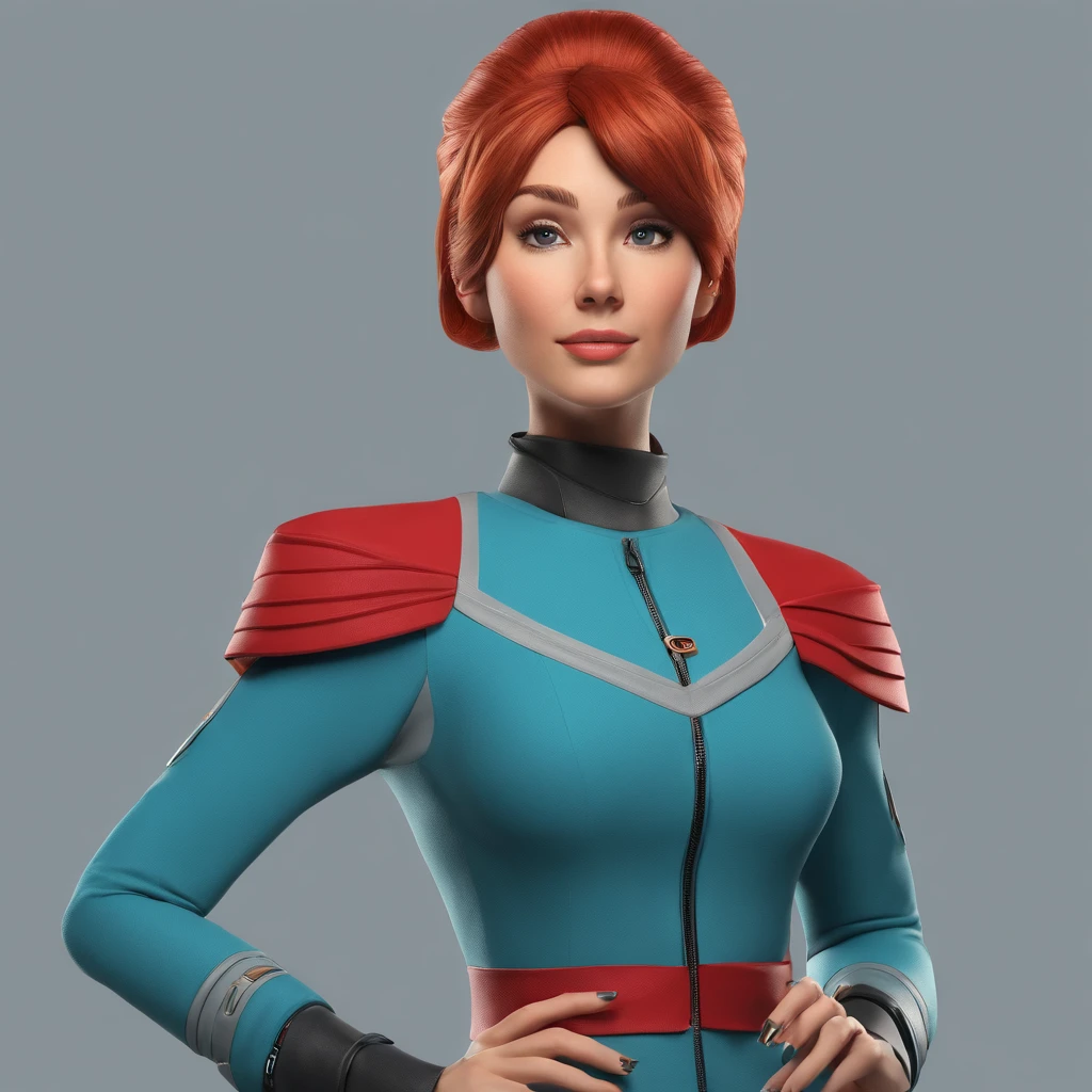 Animated portrait of a female character with striking red hair styled into a tall, elegant bun. She has fair skin, arched eyebrows, green eyes, and red lips that express a confident and playful demeanor. She's dressed in a short blue, form-fitting miniskirt sci-fi uniform dress reminiscent of the 'Star Trek' series. She is wearing black tights. The dress features a high collar, flared sleeves at the wrists, and a triangular badge on the left side of her chest. She poses with one hand raised in a gesture similar to the Vulcan salute. The image has a vintage sci-fi theme, blending classic and modern aesthetics.