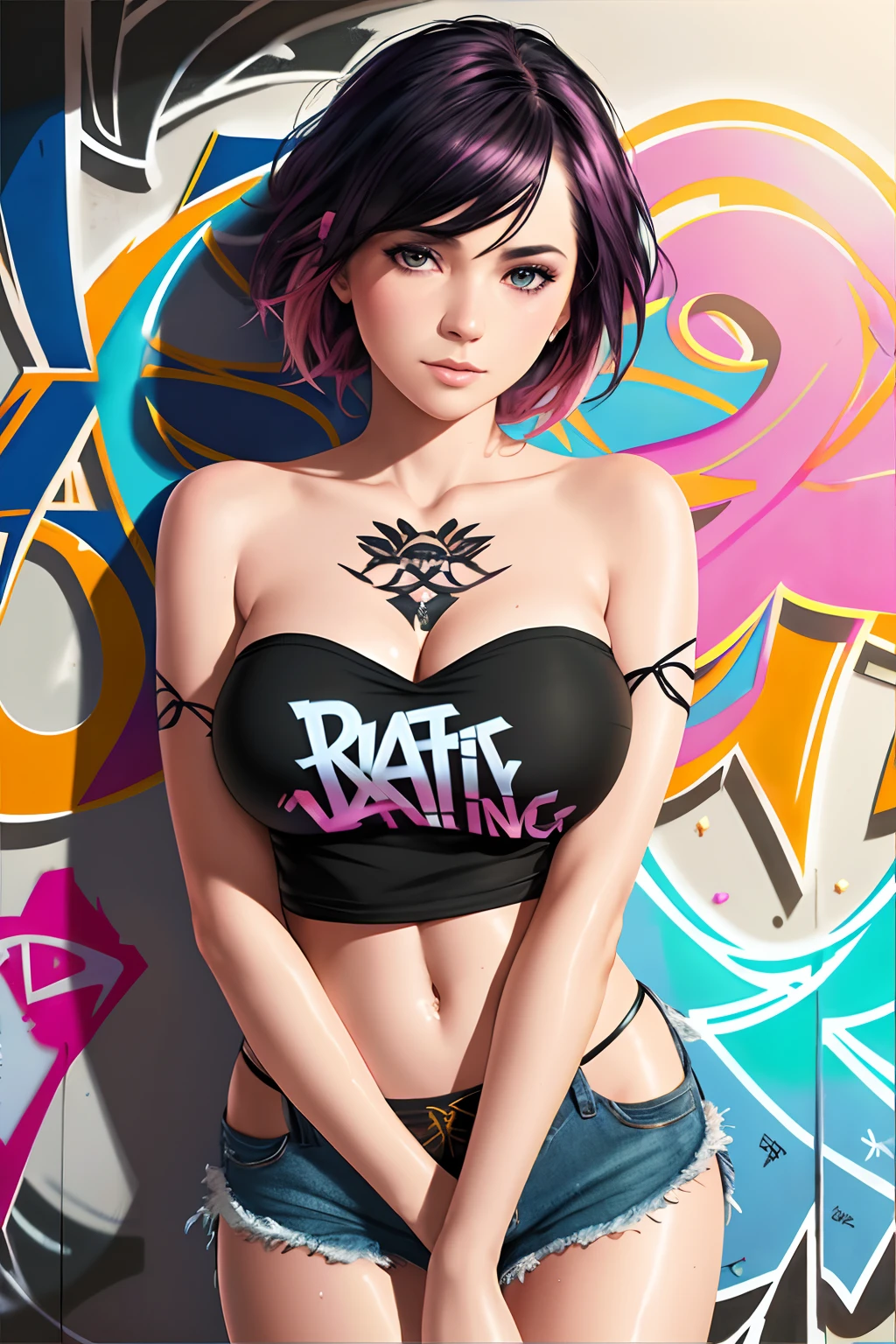 (realistic:1.5),photorealistic, octane render,(hyperrealistic:1.2),full body,(photorealistic face:1.2),best quality, sharp focus,(8k), (4k), (Masterpiece), (Best Quality), extremely detailed, intricate, hyper detailed, (perfect face), illustration,soft lighting,(specular lighting:1.4),Photorealistic render,ultra-detailed,ray tracing, HDR, deph of field, (perfect face, detailed face, detailed eyes),(dust particles),ultra realistic face,ultra realistic eyes,
1girl, beautiful, radiant, colorful, perfect anatomy, perfect smile, ((big boobs:1)), sagging naked breasts, sunrise, sparkling scenery,floating hair, wet body,blue t-shirt,,(cyan blue hair), (asymmetrical bob with asymmetrical bangs), (short hair),delicate embroidery, golden accents, bare shoulders, strapless,ethereal accessories, intricate jewelry, soft sandals, floral details, hair over eyes,(((pink black hair))),half color half hair, denim shorts, looking at viewer, black denim jeans,bra lift, leaning against the wall, (((graffiti art))), graffiti on the wall,
Ben Bauchau, Michael Garmash, Daniel F
Gerhartz, Clint Cearley, Carne Griffiths, Jean Baptiste
Monge, strybk style, warm dreamy lighting, matte
background, volumetric lighting, pulp adventure
style, fluid acrylic, dynamic gradients, bold color,
illustration, highly detailed, simple, smooth and clean
vector curves, vector art, smooth, johan grenier,
character design, 3d shadowing, fanbox, cinematic.
ornate motifs, elegant organic framing, hyperrealism
posterized, masterpiece collection, bright lush colors.
TXAA, penumbra, abstract minimalism, wet gouache