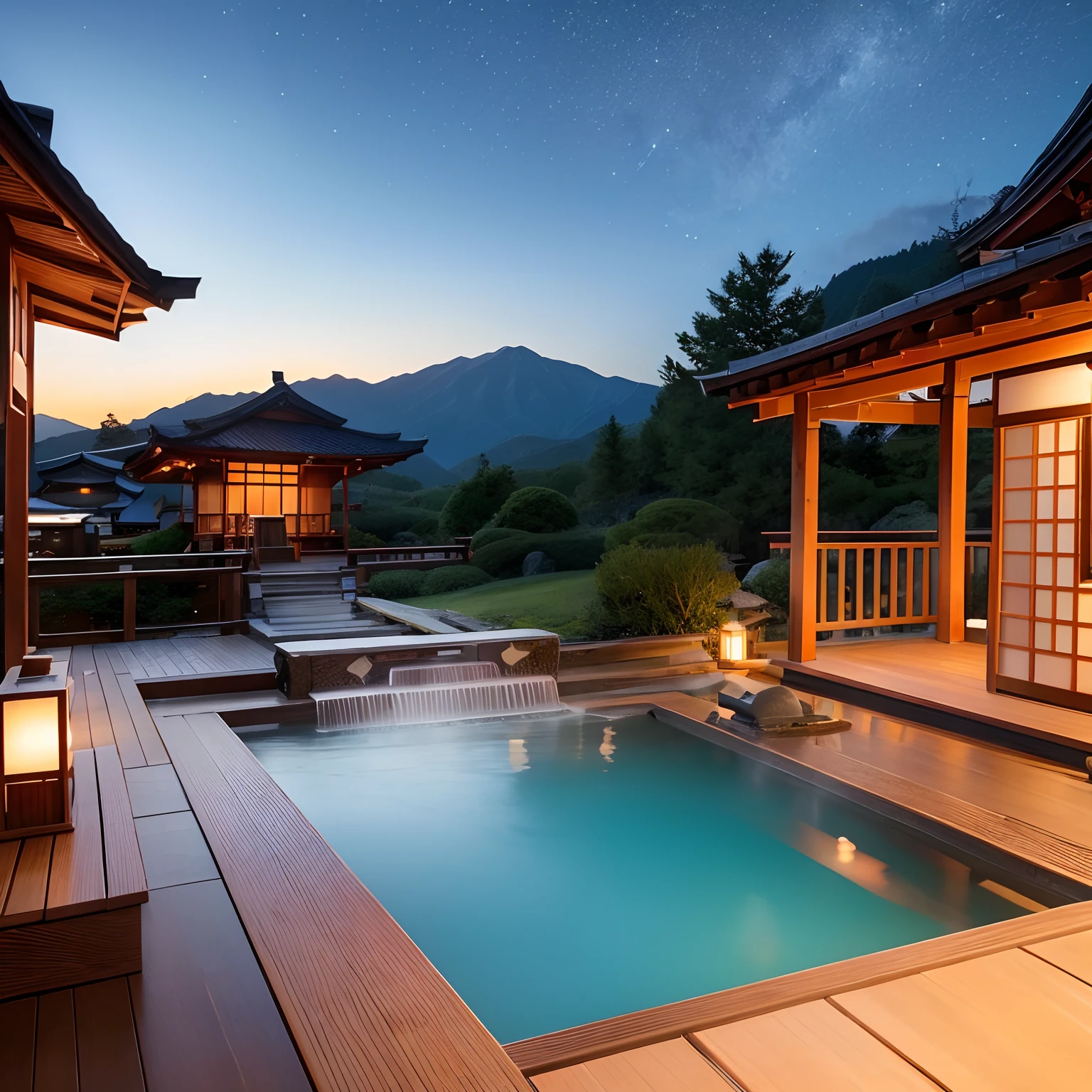 hot onsen、outdoor bath、Beautiful night view、night sky full of stars、A Japanese style、Fantasia、It is located in the mountains、steamy、8K、Soft light、Woman