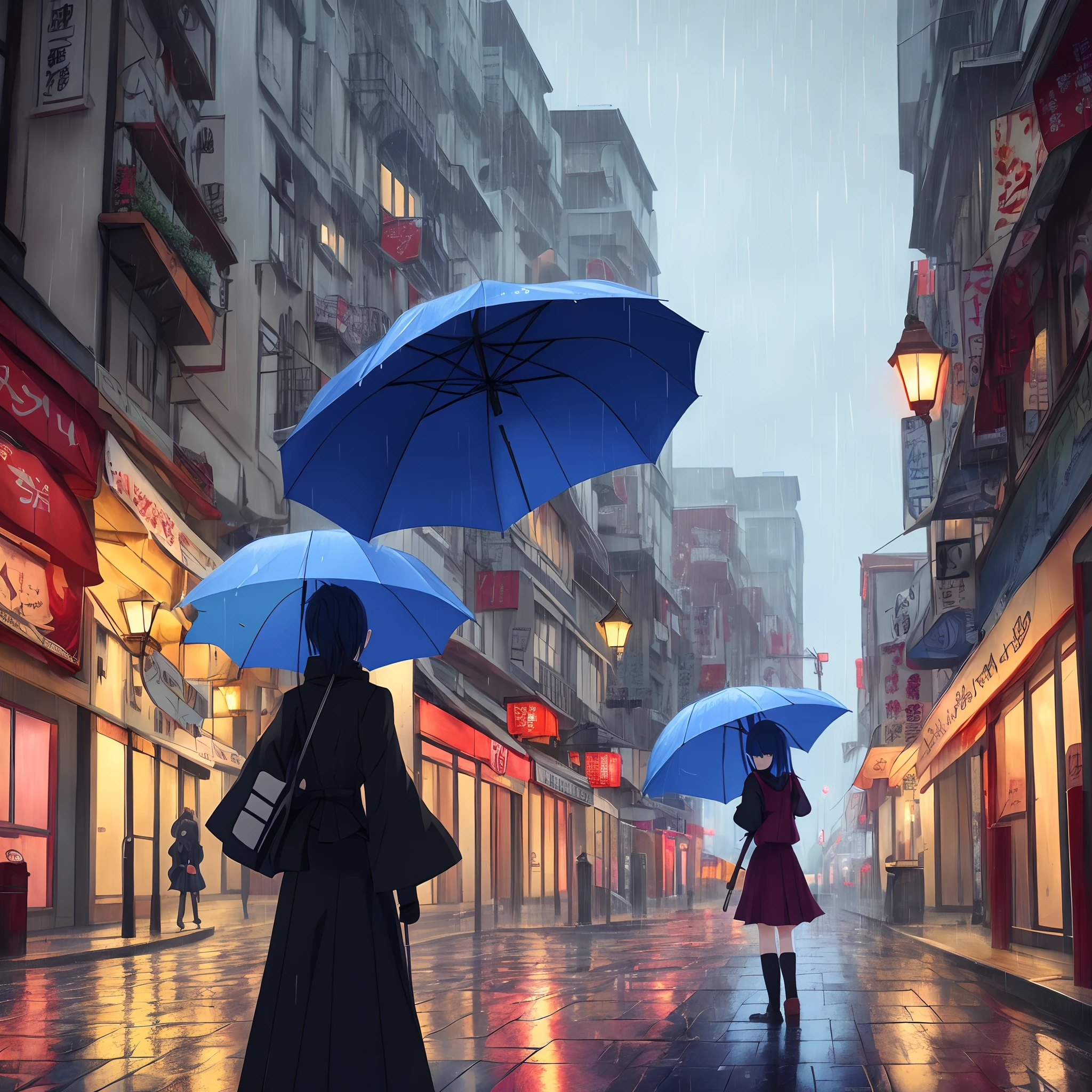 anime girl with umbrella in the rain with city in background, a picture inspired by Munakata Shikō, pixiv, hurufiyya, anime wallaper, hd anime wallaper, female action anime girl, (anime girl), anime style like fate/stay night, anime style 4 k, 4 k manga wallpaper, anime wallpaper
