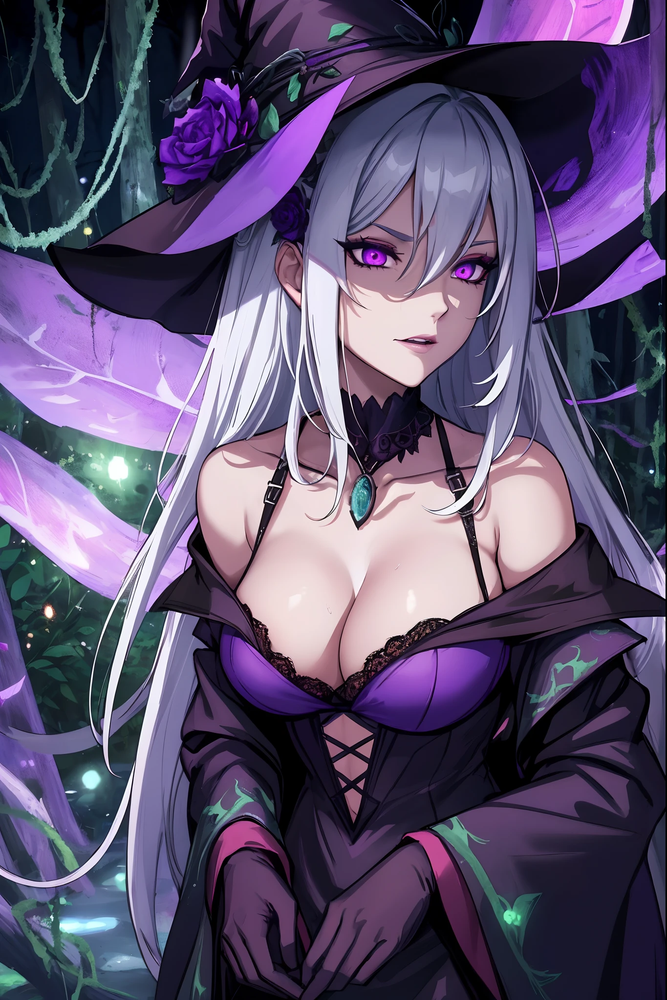 (8k, top quality, masterpiece: 1.4), ultra detail, super resolution, a stunning digital illustration of an old witch she lives deep in the forest preying on innocent souls, she has long straight white hair, evil purple eyes, old wrinkly skin texture, her evil features scare the viewer, her presence is ominous, bokeh, eerie light particles, magic glow, nightshade and vines