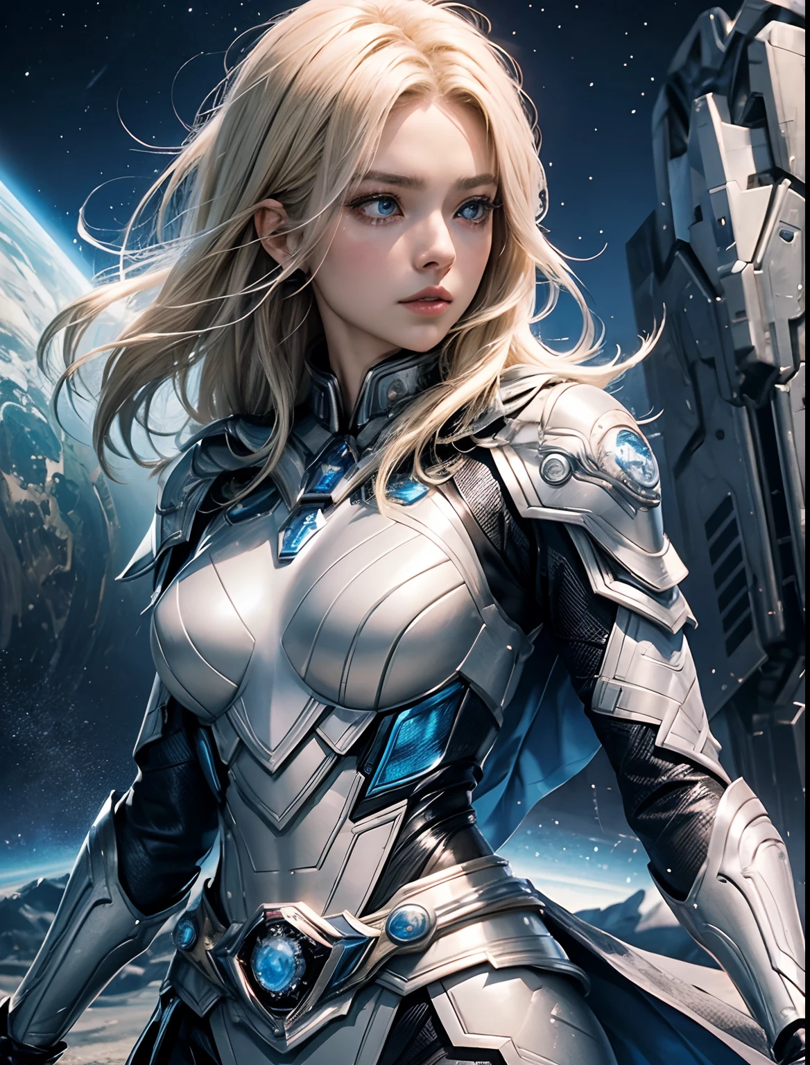 Woman wearing a beautiful silver combat uniform。Blonde blue-eyed。Super beautiful shape。There is something on the waist that is reminiscent of Kamen Rider's transformation belt。Woman in spaceship on background。8K image quality。