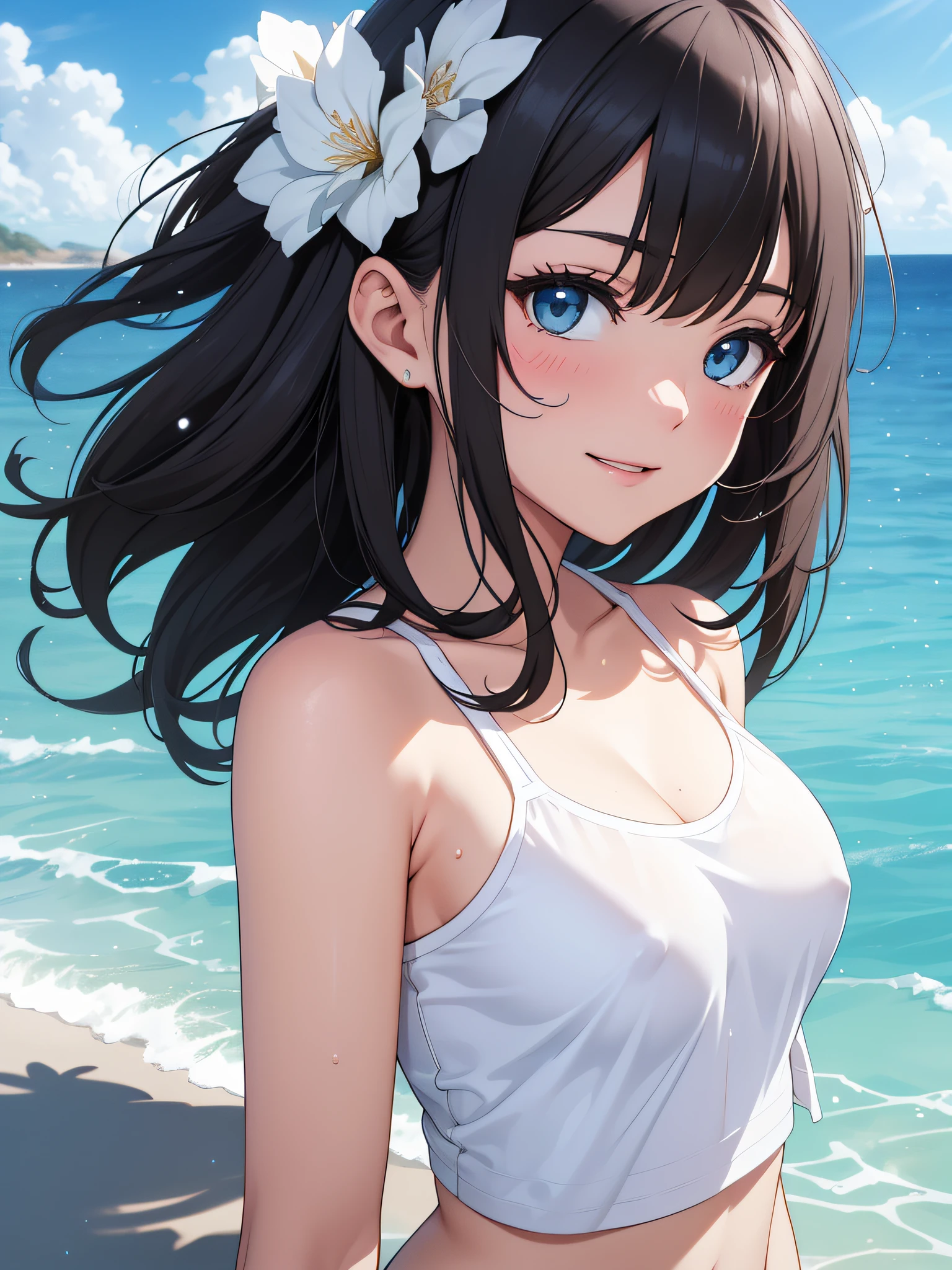 Official art、Top quality ultra-detailed CG art、White swimwear：１.２）、Black hair、lively girl、white t-shirts、Transcendent Cute、kirakira、ssmile、、Mare