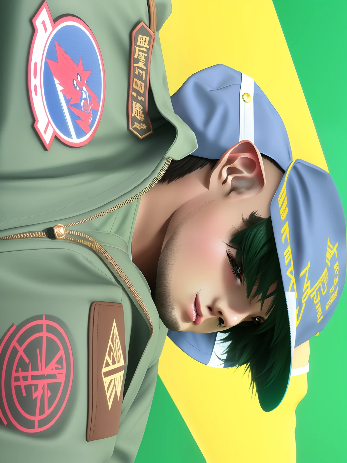 Man with cap, jaqueta verde, anime, realistic animation style