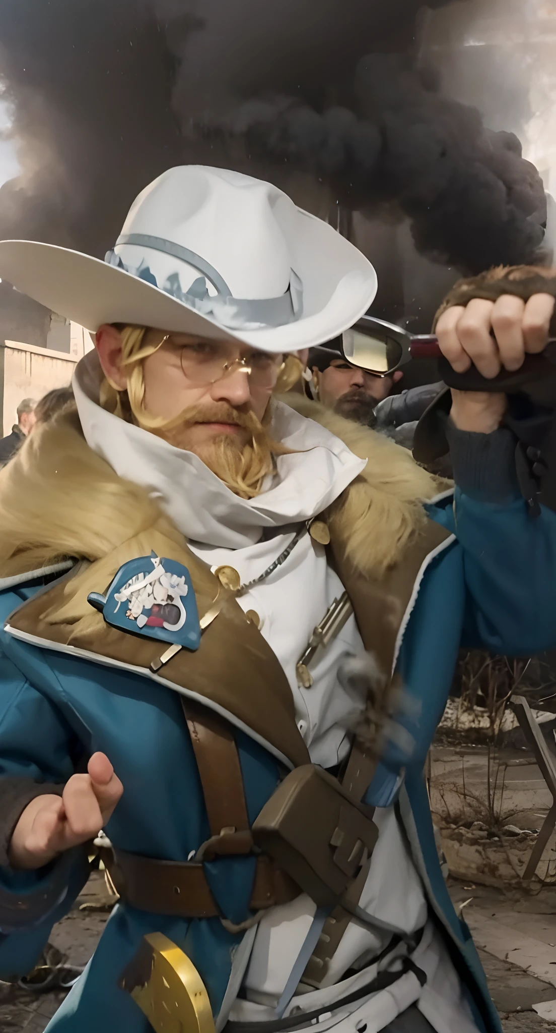 Real life adaption of this character, adult Handsome face,looking to viewer,realistic same blonde hair,realistic battlefield background with black smoke, hyper realistic, realistic light, realistic shadow, realism,(photorealistic:1.2), (realistic same outfit), realistic same accecories , realistic same glasses, realistic same gloves, realistic same belt, realistic same necklace,same realistic blonde beard and moustache, holding realistic shotgun