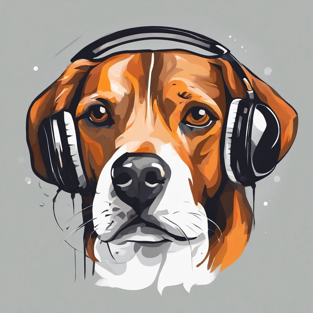 Colorful logo, Minimalist vector art logo illustration of a beagle head, USING HEADPHONES, Ears down, frontal, magie, Filet design, lisse, couleur monochrome, Paint Colorful Splashes of Black Magic, Conception de t-shirt, Studio Ghibli Style, The drawing must be vector, Introducing the Dog. Use Adobe Illustrator to create the logo with clean lines and a simple look, mais captivant. Keep the design centered on the dog's eyes, Capturing its uniqueness and charm. The logo should evoke a sense of sophistication and tranquility. Emphasize a low-poly style to add a touch of uniqueness to the mustache. The overall aesthetic should be sleek and stylish, which makes it suitable for branding and logo purposes, fond noir, ((symmetr))