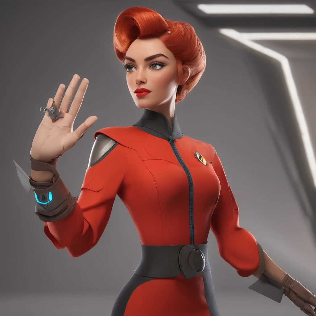 Animated portrait of a female character with striking red hair styled into a tall, elegant bun. She has fair skin, arched eyebrows, green eyes, and red lips that express a confident and playful demeanor. She's dressed in a short blue, form-fitting miniskirt sci-fi uniform dress reminiscent of the 'Star Trek' series. She is wearing black tights. The dress features a high collar, flared sleeves at the wrists, and a triangular badge on the left side of her chest. She poses with one hand raised in a gesture similar to the Vulcan salute. The image has a vintage sci-fi theme, blending classic and modern aesthetics.